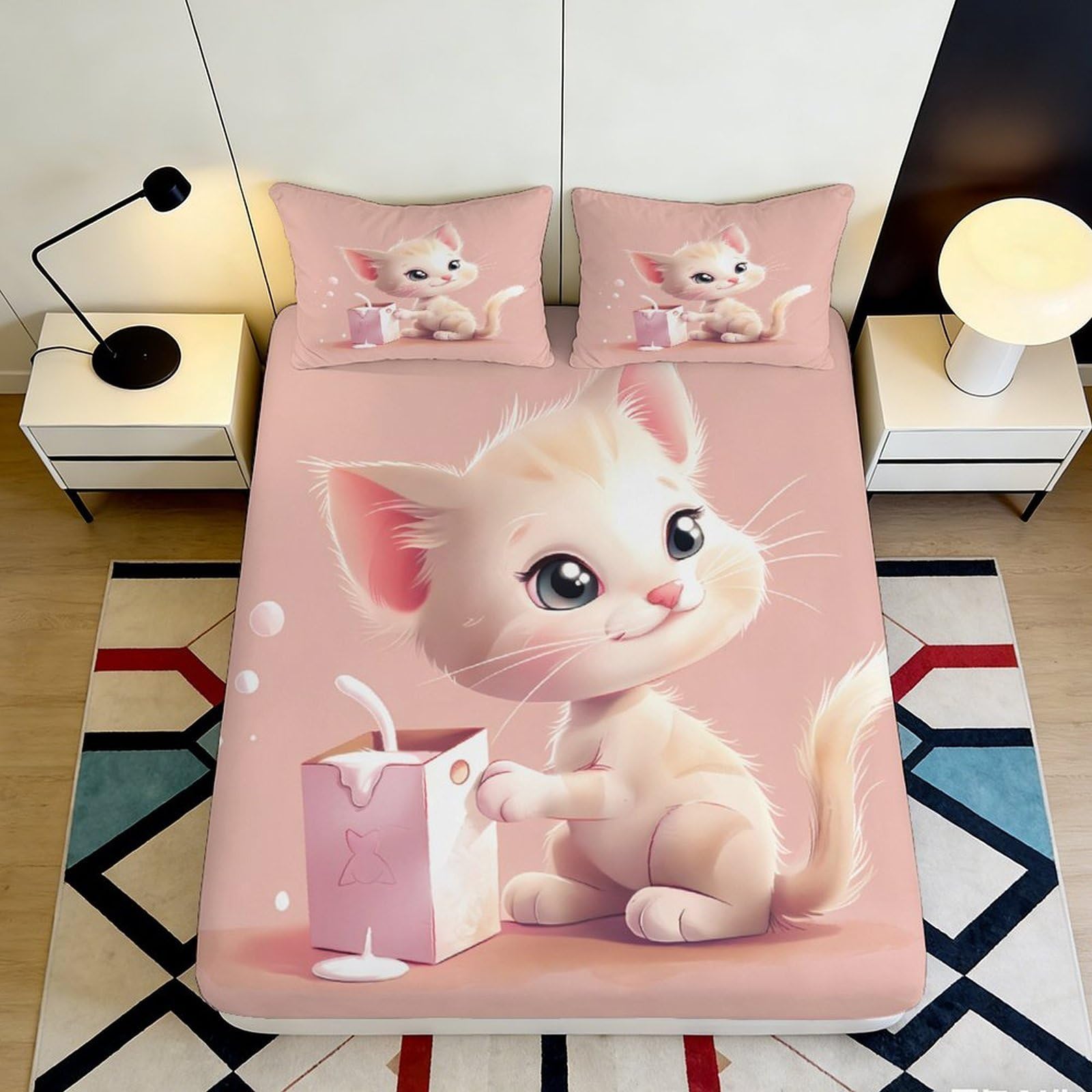 3D Printed Cute Kitten Fitted Sheet Microfiber Soft Breathable Cartoon Cat Bed Cover for Bedroom Dormitory Guest Room Mattress Protection Decor 180x200x25cm