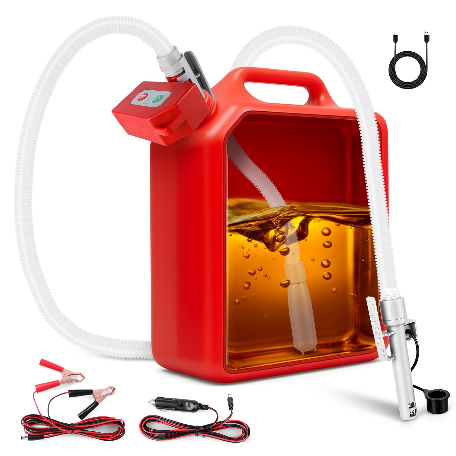 Pompe de transfert électrique, pompe à carburant, arrêt automatique, double alimentation (USB-C/AA), pompe à essence à main, pompe diesel 2,4 GPM avec tuyau de 183 cm pour essence, diesel et eau