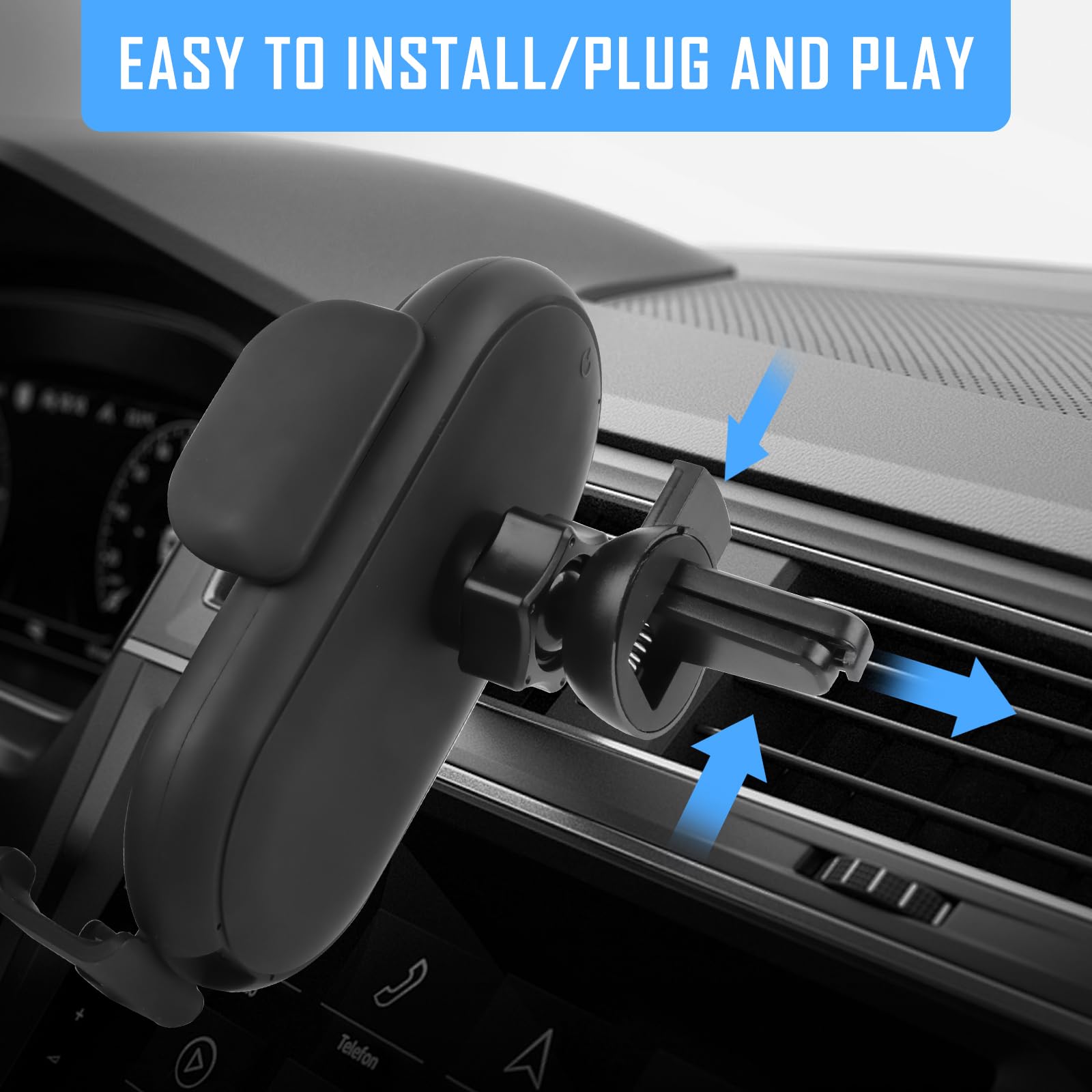 Supporto per cellulare auto con funzione di ricarica, caricatore senza fili per auto, stazione di ricarica induttiva, ricarica wireless a doppia bobina, girevole a 360°, per ventilazione auto (azzurro