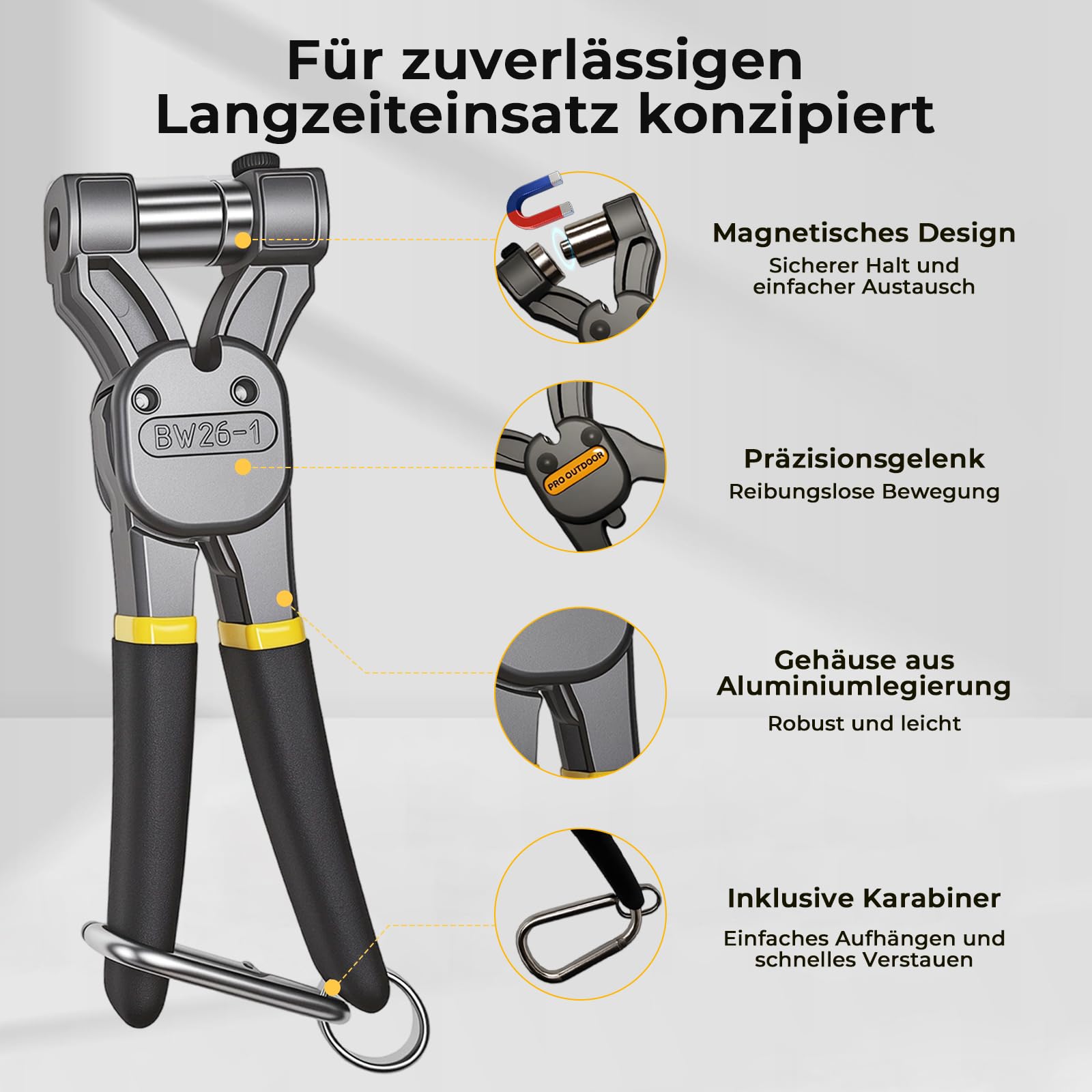 Ösenzange Set mit 400 silberfarbenen Metallösen (Ø6/8/10/12 mm) – Kraftsparende X-Griff Ösenzange mit Wechselköpfen, 4-in-1 Ösenpresse mit Magnetkopf für Planen, Banner, Stoff und Leder