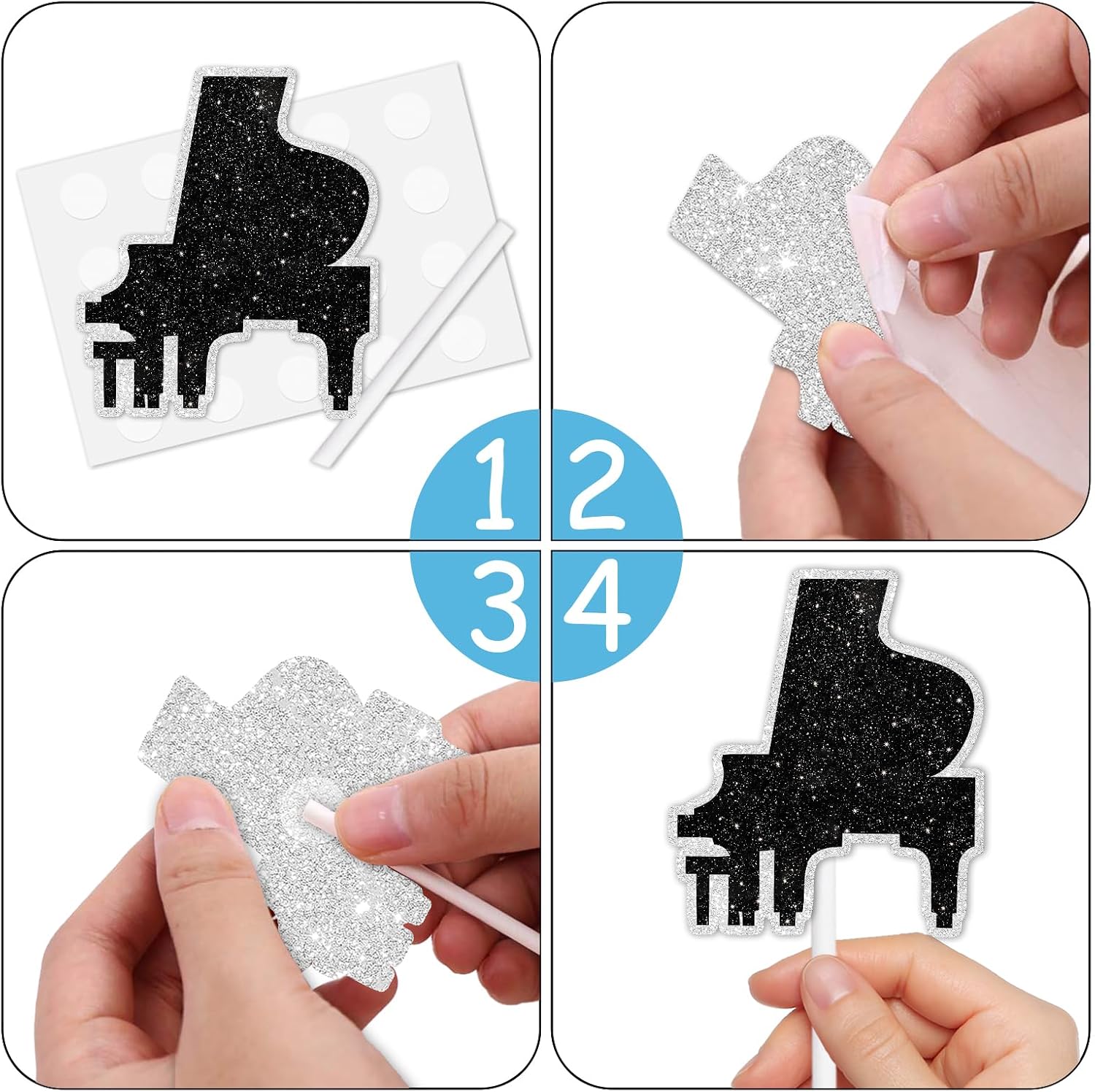 18pcs Glitter Black Silhouette Musical Instruments Cupcake Topper Cheer to Classical Music Concert Theme Anniversary Party Decoration for Men Women Happy Birthday Decor Supplies image 4