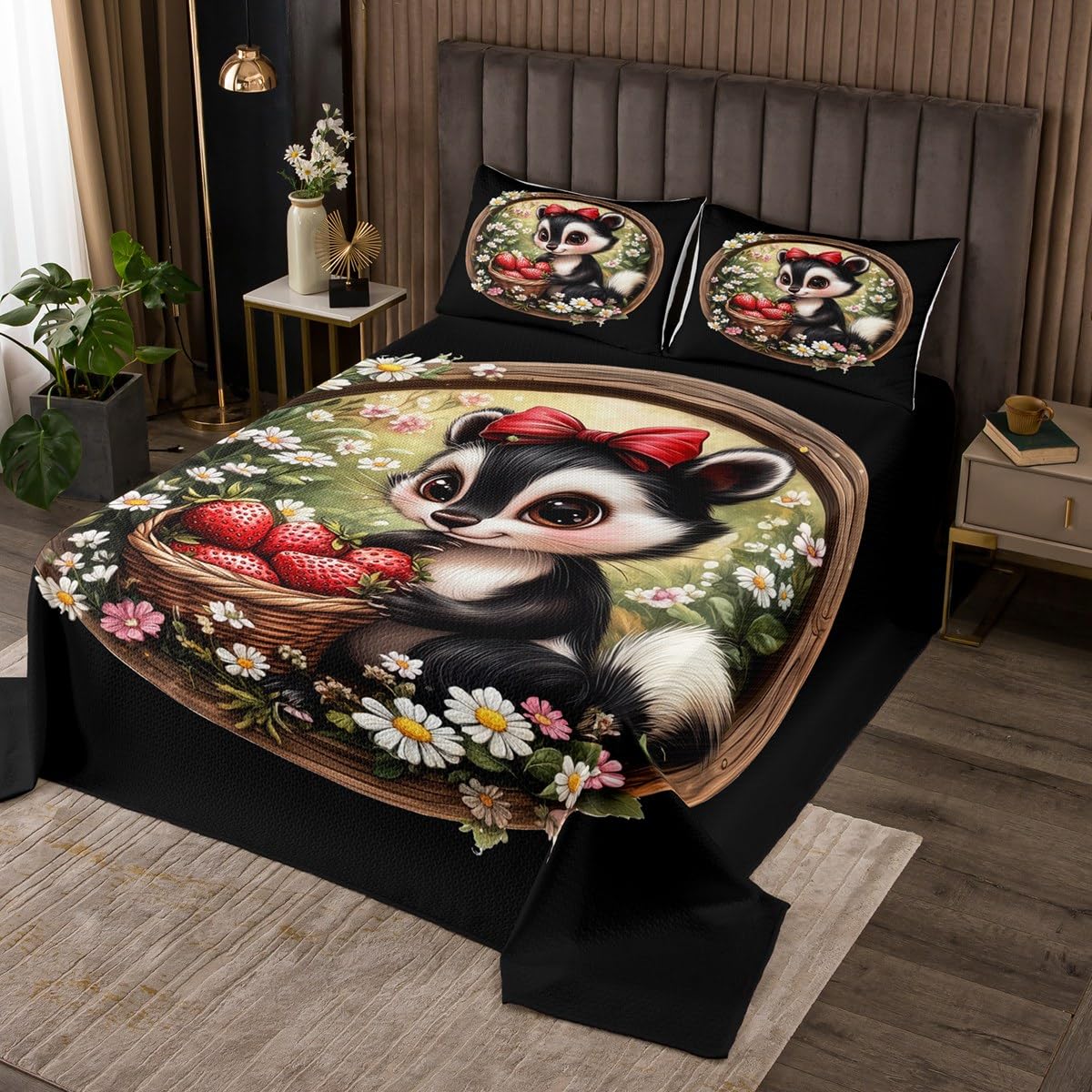 Erosebridal Cute Skunk Queen Bedding Set for Kids Child,Daisy Flowers Bedspread Set for Boys Girls,Girly Bowknot Strawberry Bed Set,Cartoon Stuffed Animal Wildlife Coverlet Set,3 Pcs