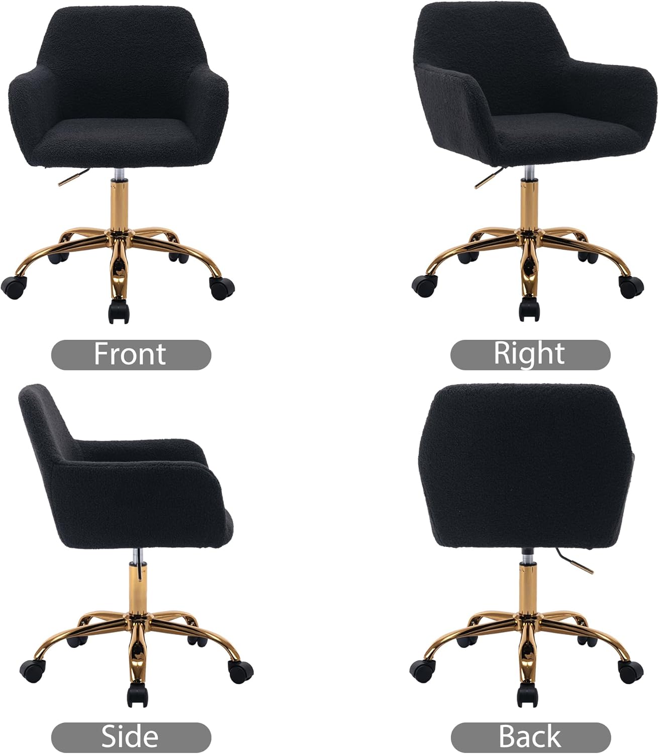 KCC Faux Fur Office Desk Chair, Comfy Swivel Armchair with Wheels, Upholstered Fuzzy Vanity Chair, Adjustable Seat Height, Black Black+golden Base