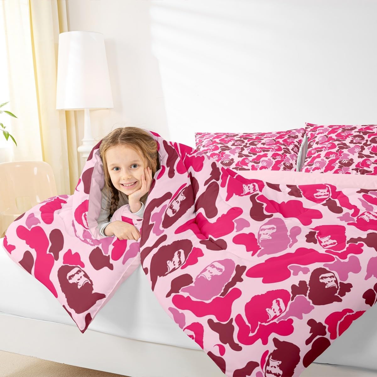 Feelyou Camo Bedding Set Soft for Boys Girls, Camouflage Comforter Set Twin Size Camo Monkey Duvet Quilt Microfiber Hunting Bedroom Decor Pink and Brown 2 Pcs with 1 Pillow Cases