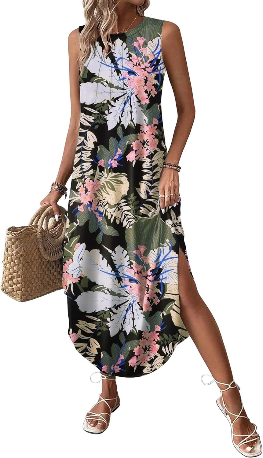 Zeagoo Women Floral Summer Casual Beach Printed Tank Dress with Pockets Pleated Front Long Dress