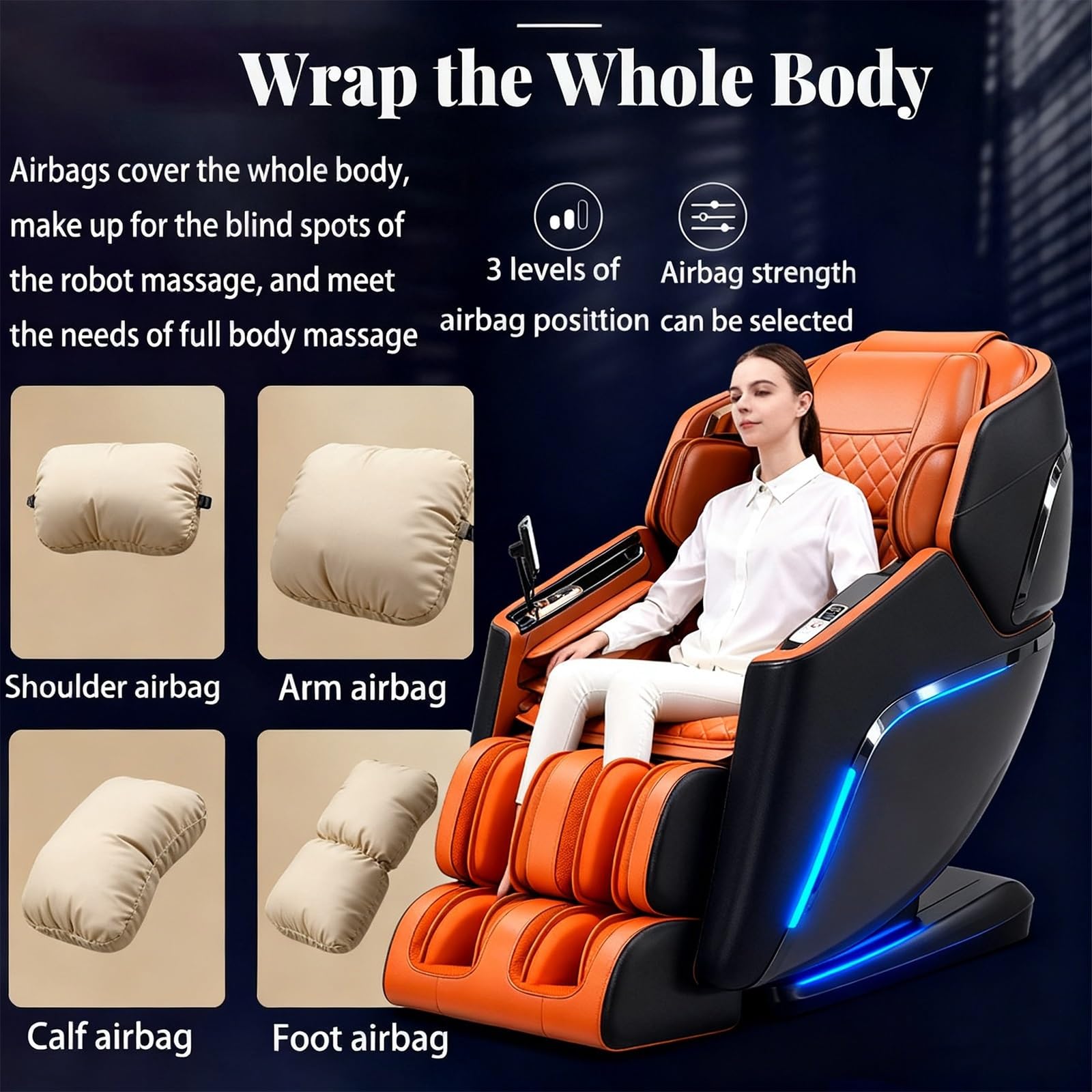 Poltrona Massaggiatrice 4D di Lusso, Controllo Vocale IA Rilassante con Sospensione Zero-Gravity Ricarica Wireless 12 Modalità Professionali Adatta a Diverse Tipologie di Utenti(Orange)