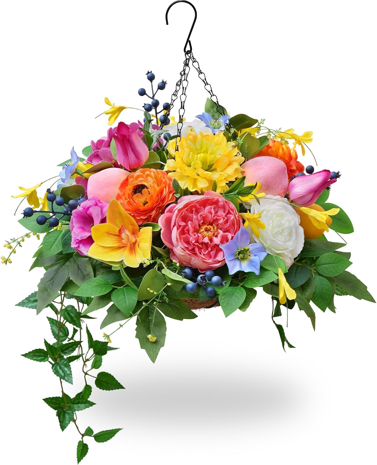 Soomeir Artificial Hanging Flowers Basket for Outdoor, Faux Hanging Plants, Garden-Style Mixed Blooms with Roses, Dahlia & Gerbera, Decorative Fruit & Lush Greenery for Porch, Patio, Balcony