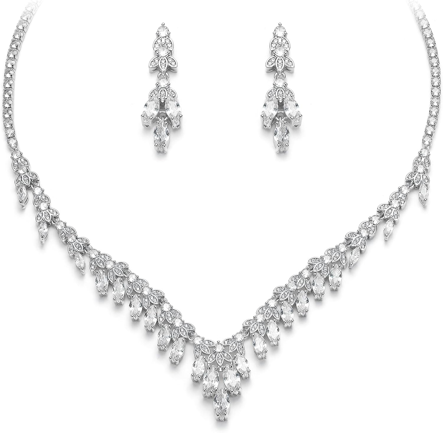 Crysdue Wedding Bridal Jewelry Sets for Women Brides Bridesmaid, Gorgeous Sparkly Cubic Zirconia Marquise Leaf Cluster Necklace Dangle Earrings for Prom Party Pageant