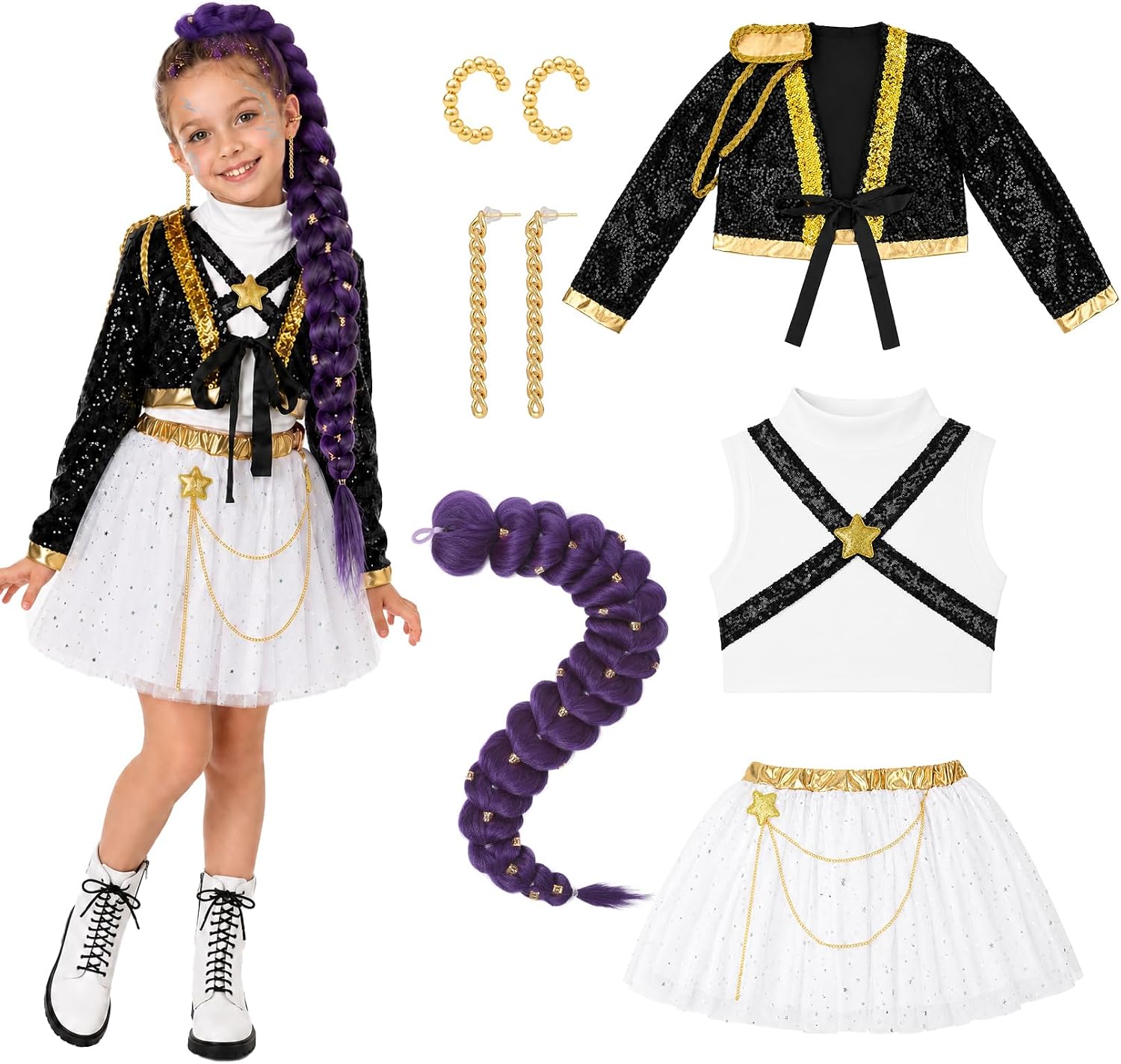 Girls Halloween Costume, Pop Singer Costume, Sequin Jackets Skirts with Purple Braid for Birthday Party, 4-12 Years