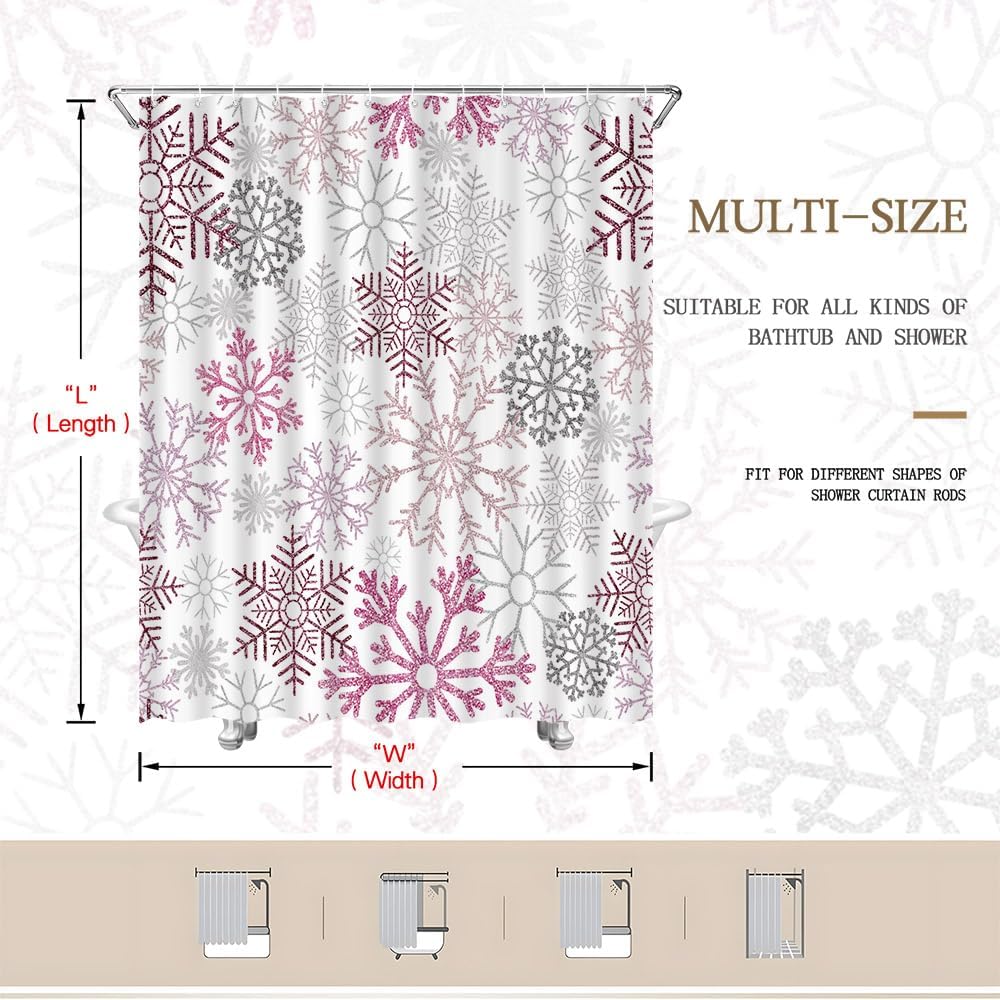Pink Snowflake Shower Curtain Winter White Gray Snow Scene Merry Christmas Snowflakes Xmas New Year Holiday Bathroom Decor Curtains Set with Hooks