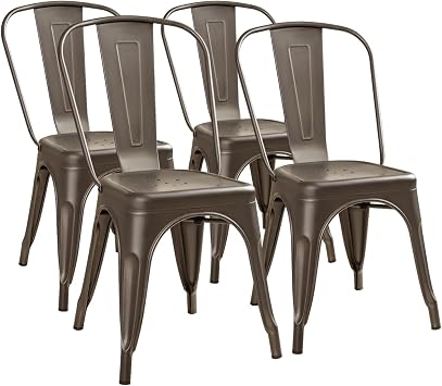 Furmax Metal Dining Chair Indoor Outdoor Use Stackable Classic Trattoria Chair Chic Dining Bistro Cafe Side Metal Chairs Set of 4 Gun
