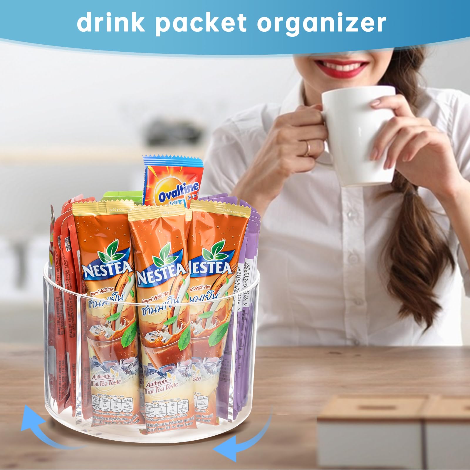 Organizador de paquetes de bebidas para mezcla de bebidas en polvo, paquete de polvo, paquete de agua, paquetes de hidratación, organizador Lazy Susan para mezcla de bebidas, soporte giratorio 7