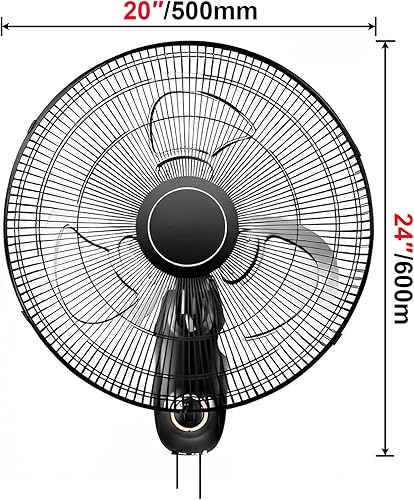 Miniatura 2 de Ventilador de montaje en pared de 20 pulgadas, 3 ajustes de velocidad/funciones de oscilación e inclinación/motor silencioso/activación del cable de