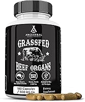 Ancestral Supplements Grass Fed Beef Organs: Liver Heart Kidney Pancreas Spleen Blend, Freeze-Dried 180 Capsules for Energy Detox Immunity