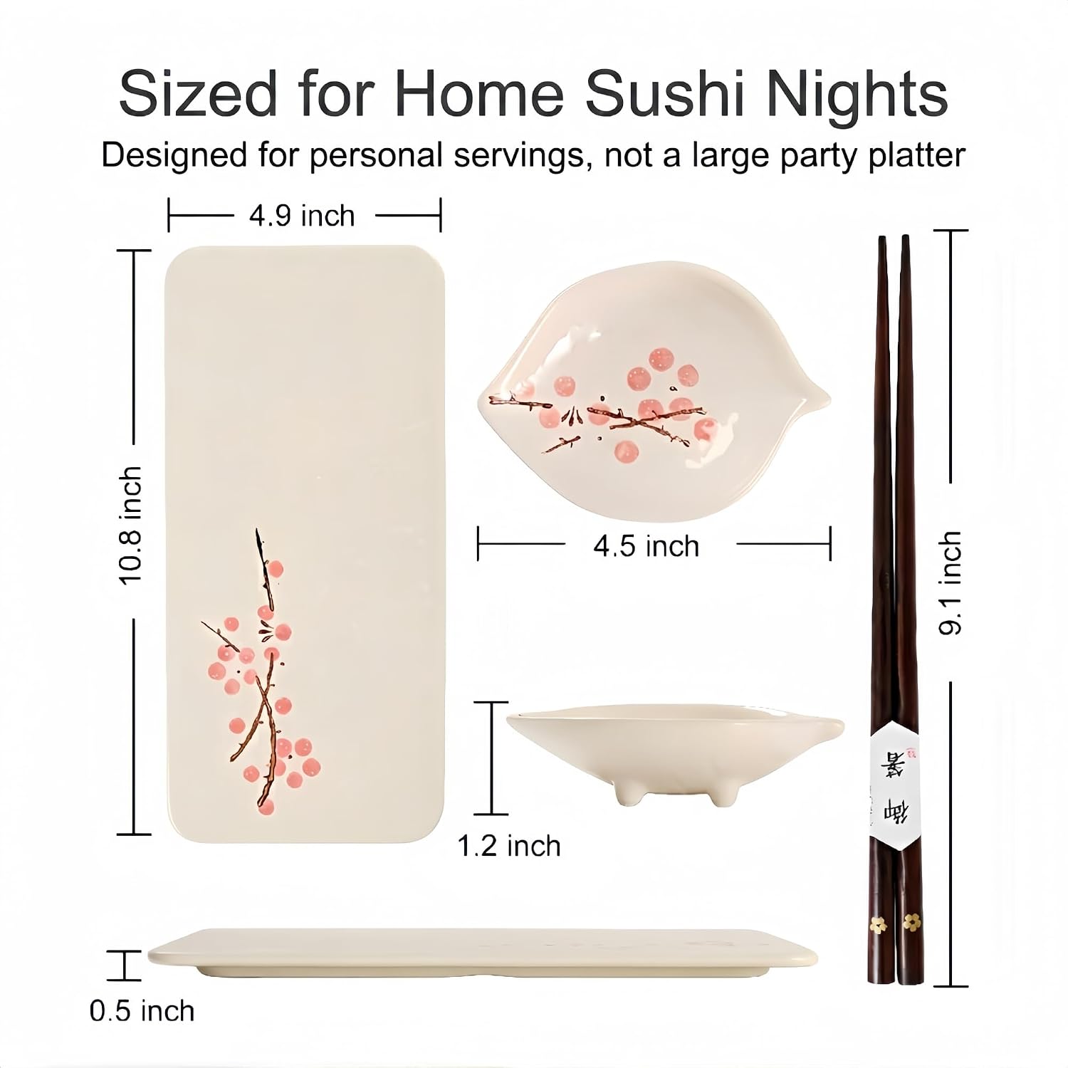 Relaxing Garden Sushi Plate Set for 2, 6-Piece Sakura Ceramic Set