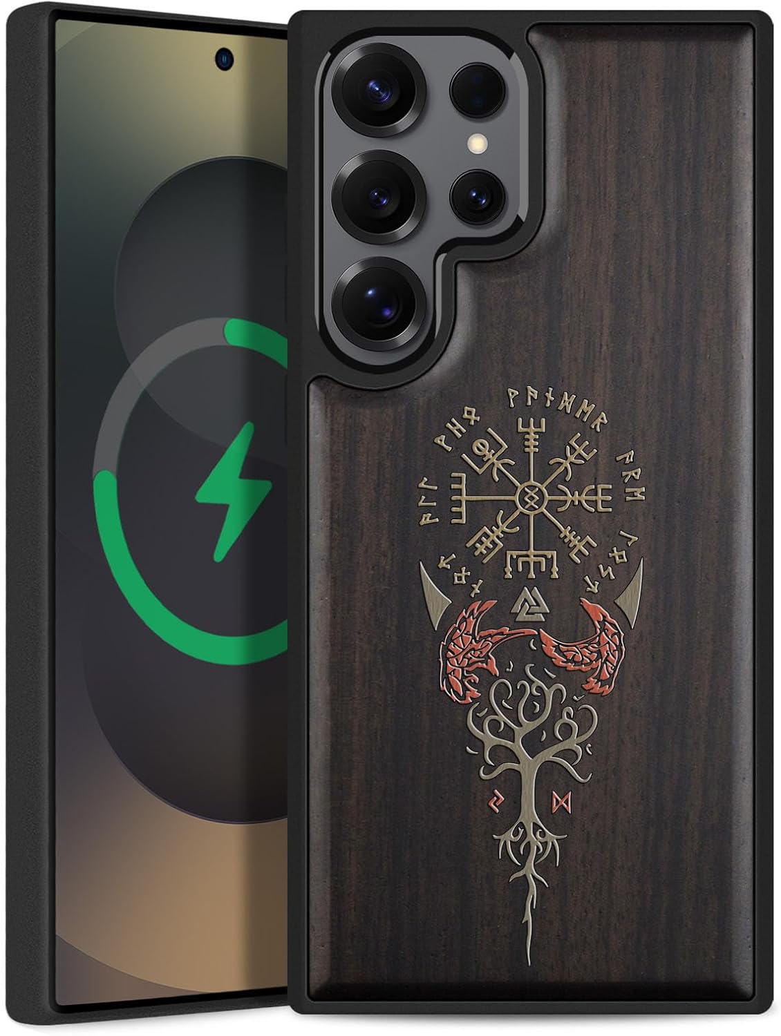 Magnetic for Samsung Galaxy S25 Ultra Case Compatible with MagSafe Wireless Charging, Natural Wood Cover & Art Painting, Shockproof TPU Phone Case, Hand-Drawn Pattern - Vegvisir Protection