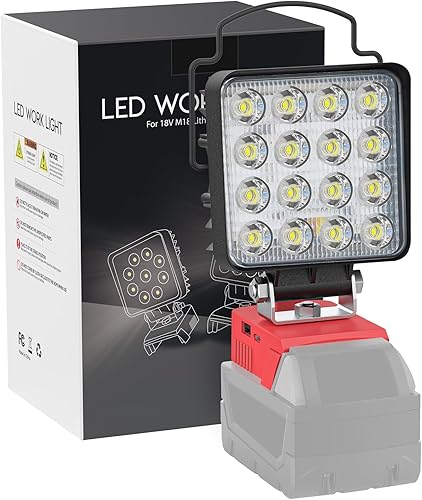 Vista 57 de LIVOWALNY Luz de trabajo LED de 30 W compatible con batería Milwaukee, linterna portátil de 3000 lúmenes, cabezal ajustable de 140° con puerto