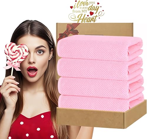 Miniatura 6 de VOOVA & MOVAS Juego de 4 toallas de baño rosas grandes de 30 x 56 pulgadas - 100% algodón, de secado rápido, ligeras, gruesas, suaves, absorbentes,