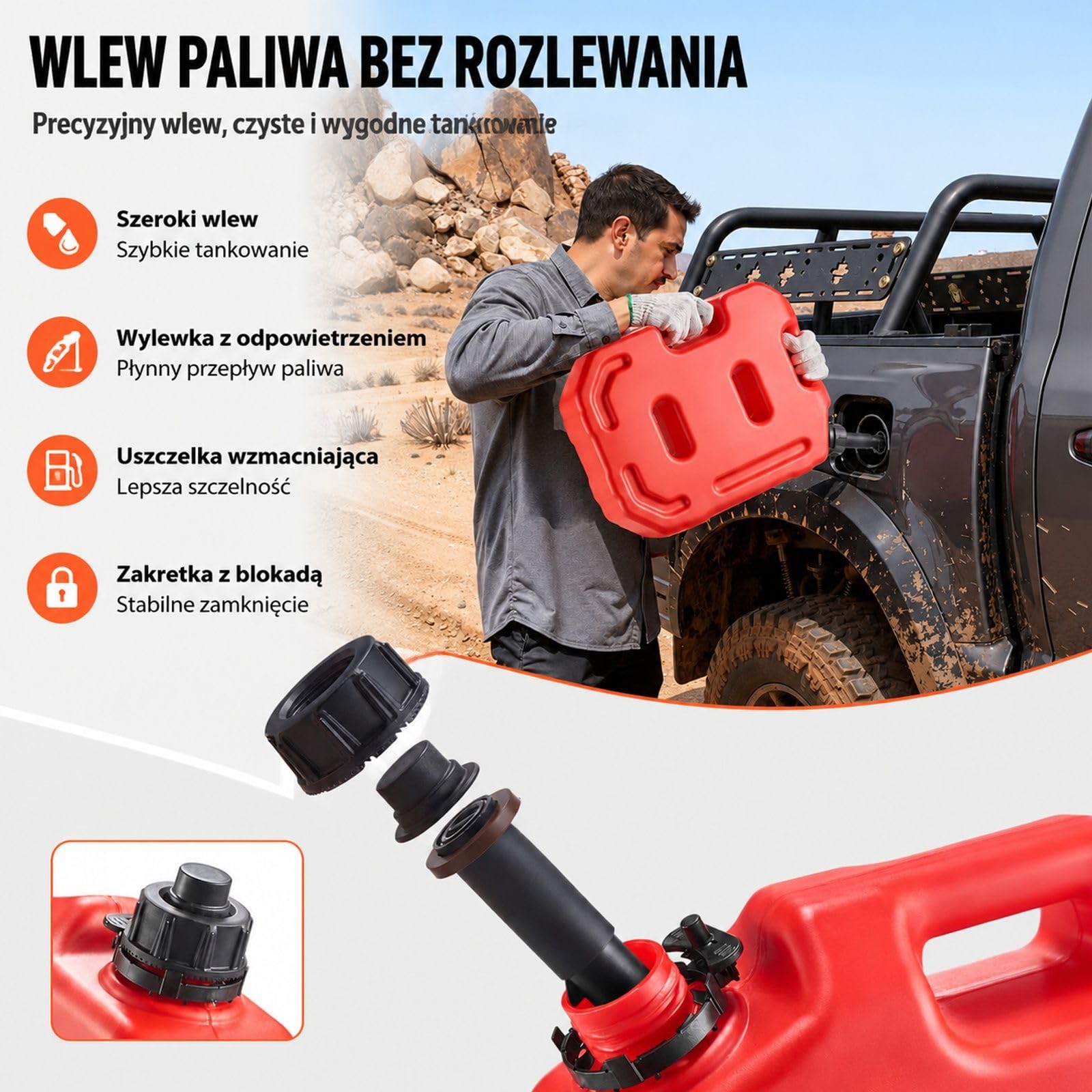 Czerwony kanister na paliwo 10 l z HDPE i PP, z dzióbkiem, zamykanym uchwytem oraz maksymalnym przepływem 15 l/min do samochodów, motocykli, quadów i pojazdów UTV