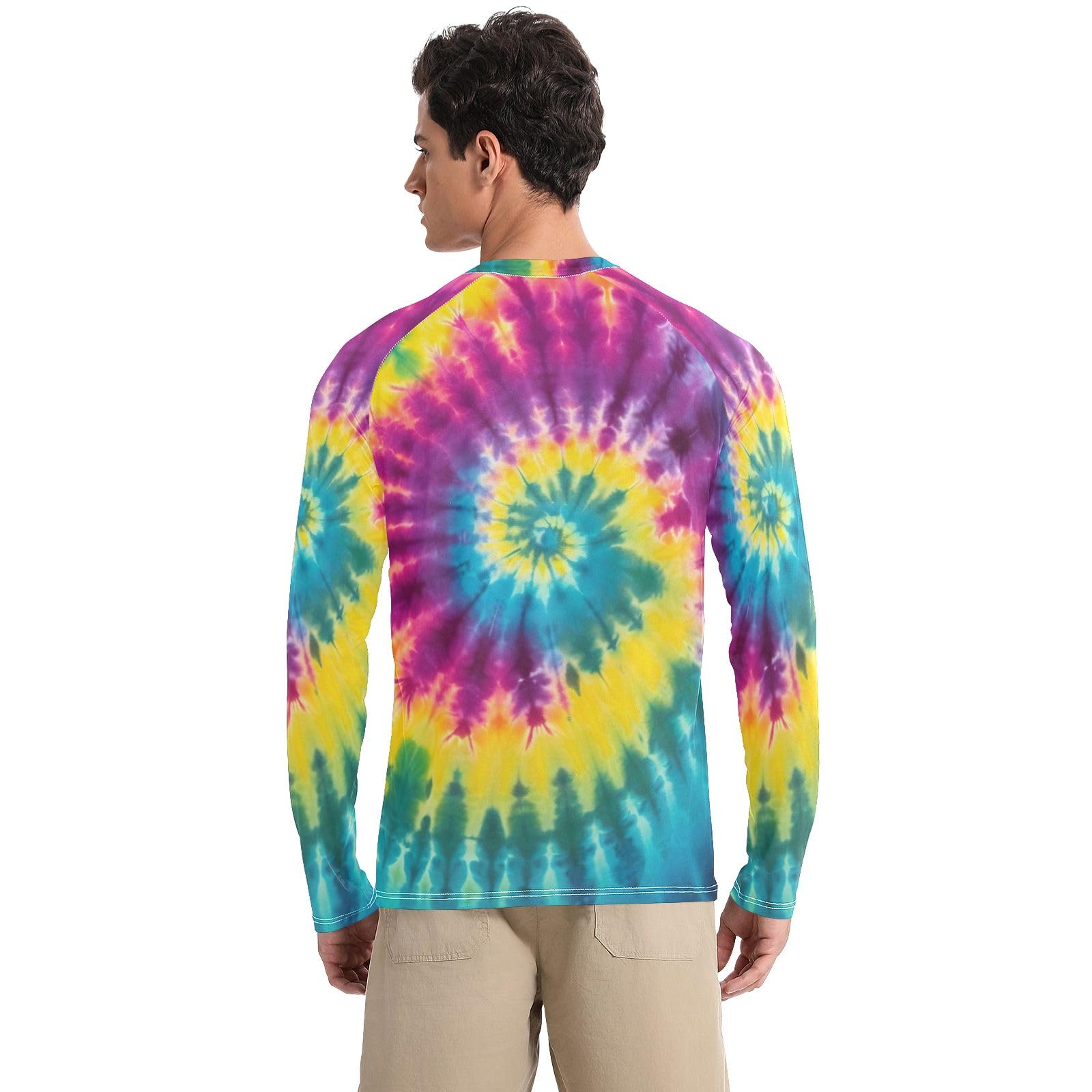 Purple Blue Yellow Tie Dye Swirl Rash Guard Men UV Sun Protection UPF 50+ Sun Shirt Quick Dry Long Sleeve Fishing Shirts, XX-Large