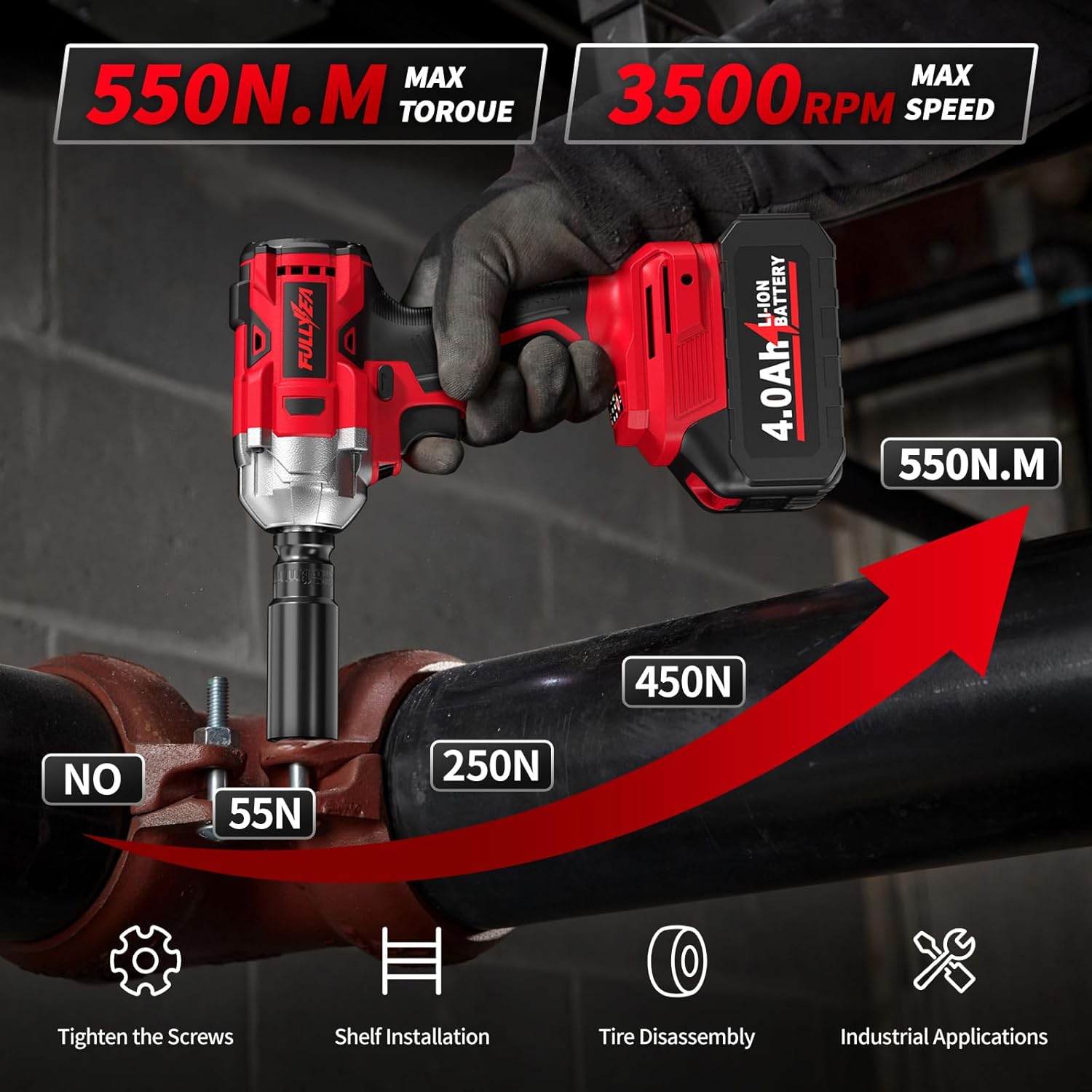 1/2" Cordless Impact Wrench, 406Ft-lbs (550N.m) Brushless Impact Gun Kit with 2x 4000mAh Battery & Fast Charger, 3000RPM High Torque Electric Impact Wrench, Power Impact Driver for Car Home