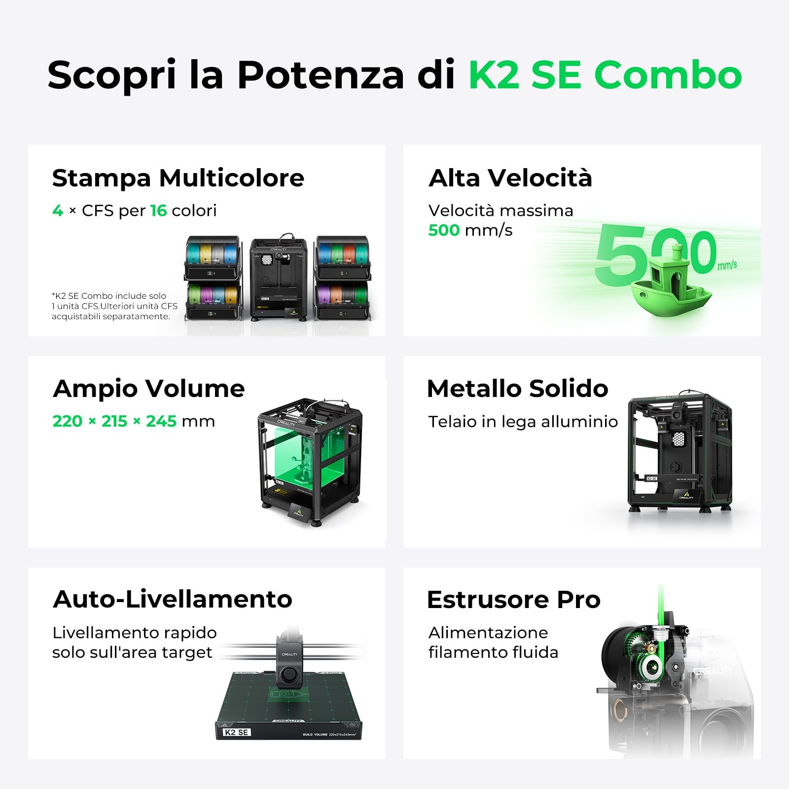 Creality K2 SE Combo Stampante 3D - Max Stampa 500mm/s, Leveling Automatico Totale, Stampa Multicolore con CFS, Telaio Metallo Solido, Estrusore Diretto, 220×215×245mm