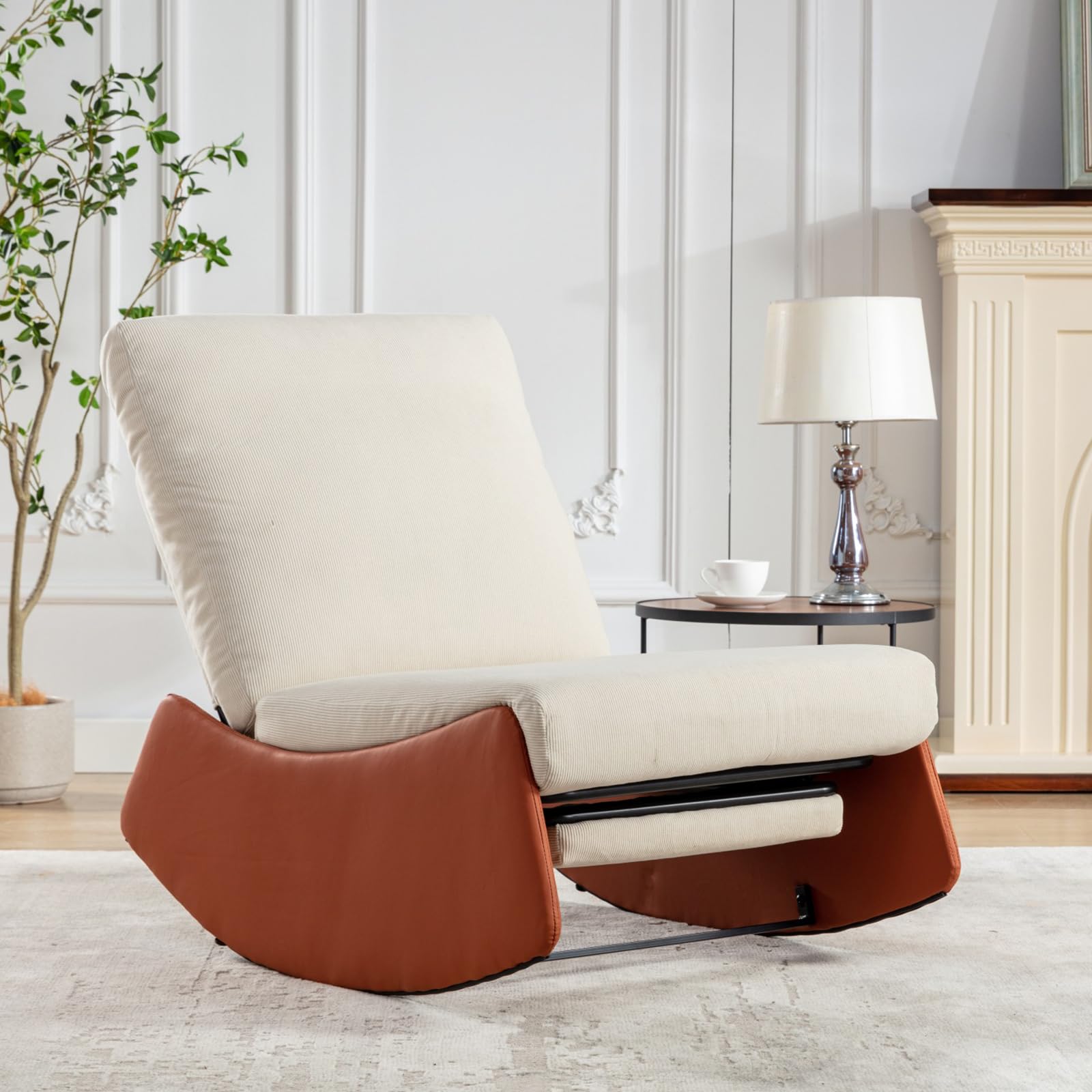 NIOIIKIT Nursery Rocking Chair, Corduroy Upholstered Glider Chair with Footrest, Leisure Glider Rocking Chair with Thick Seating, Accent Rocker Recliner for Living Room (Orange)