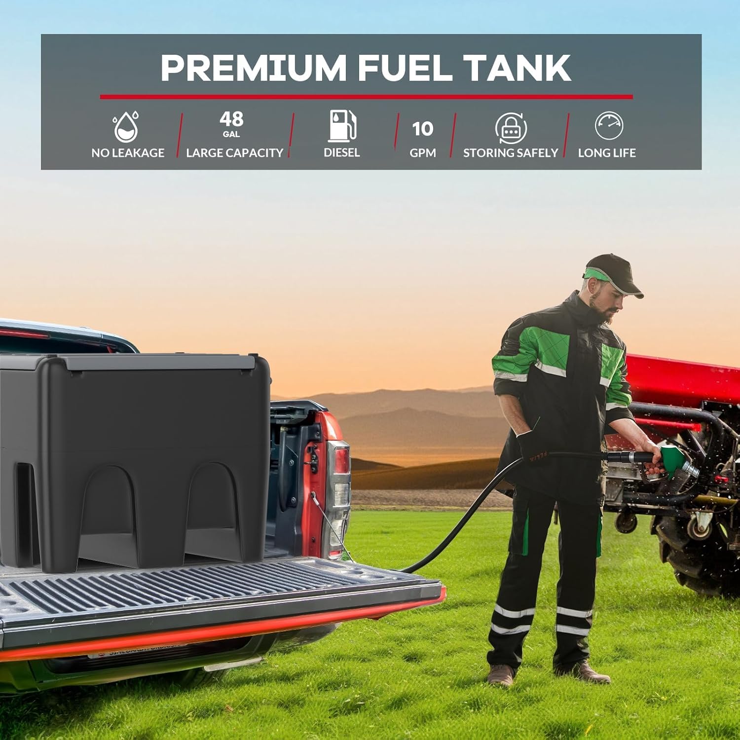 Portable Fuel Transfer Tank, 48 Gallon Heavy-Duty with Manual Pump 4 Wheels, Spill-Proof Gas Diesel Container for Secure Transport to Tractor, Boat, Truck
