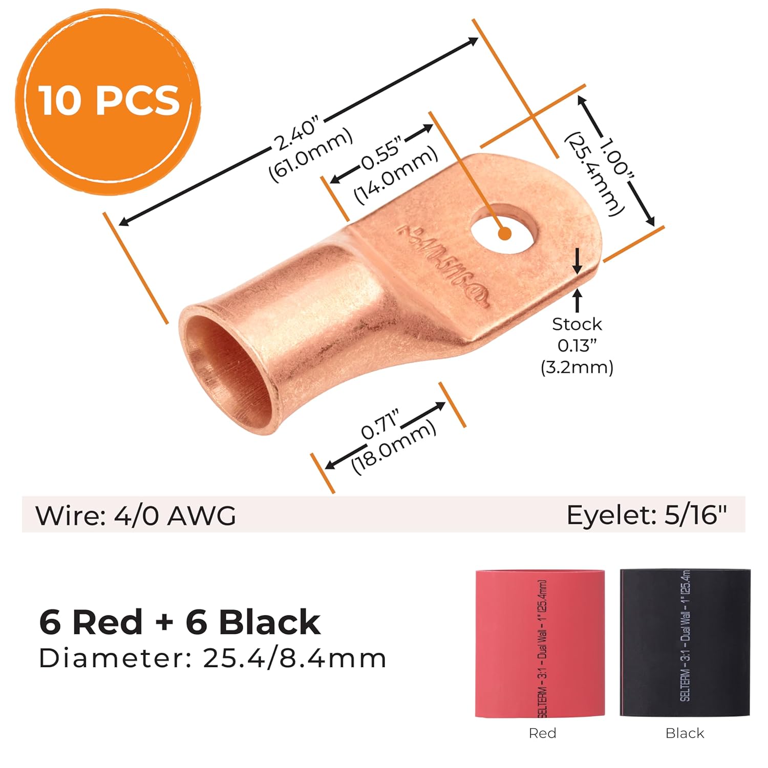 SELTERM 10pcs - 4/0 Awg - 5/16" Stud - Battery Lugs - Ring Terminal Connectors | with 12pcs 3:1 Black & Red Heat Shrink Tubing with Adhesive | Heavy Duty Battery Cable Ends - Bare Copper Wire Lugs Kit
