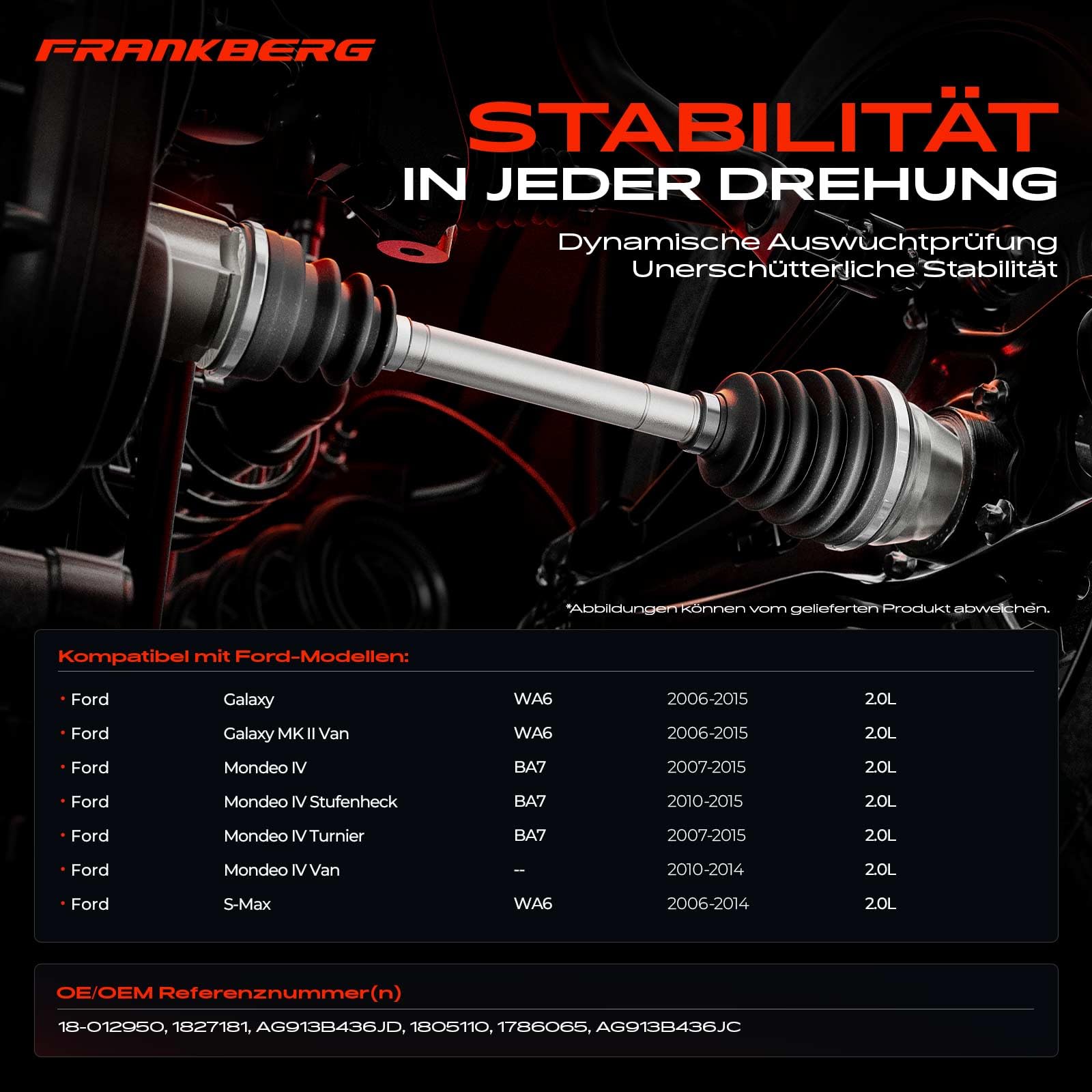 Frankberg Antriebswelle Achswelle Automatikgetriebe Vorderachse Rechts Kompatibel mit Galaxy WA6 Galaxy MK II Van WA6 Mondeo IV BA7 S-Max WA6 Replace# AG913B436JC