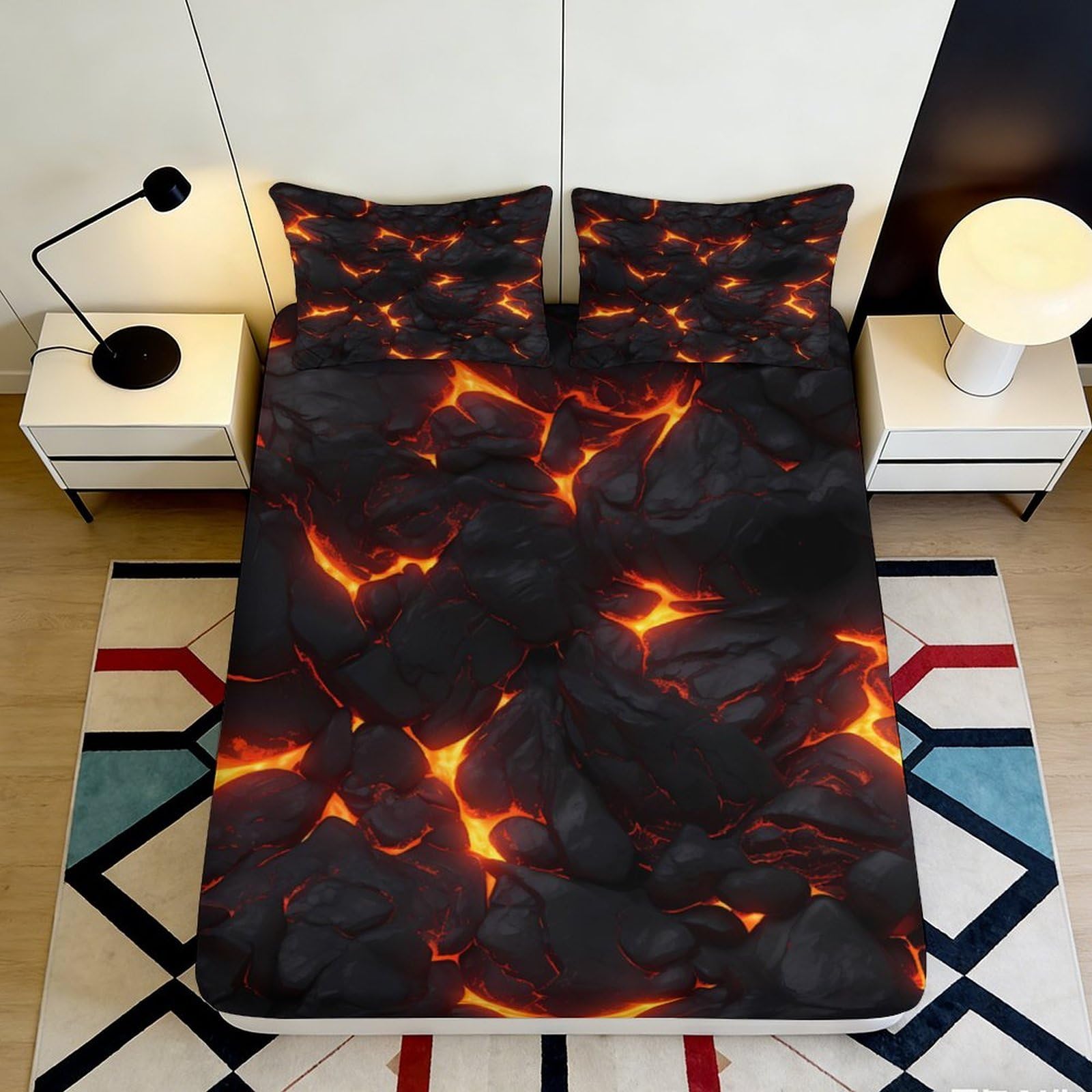 3D Printed Lava Flow Fitted Sheet Microfiber Soft Breathable Magma Cracks Mattress Cover for Bedroom Dorm Mattress Protection Decor 180x200x25cm
