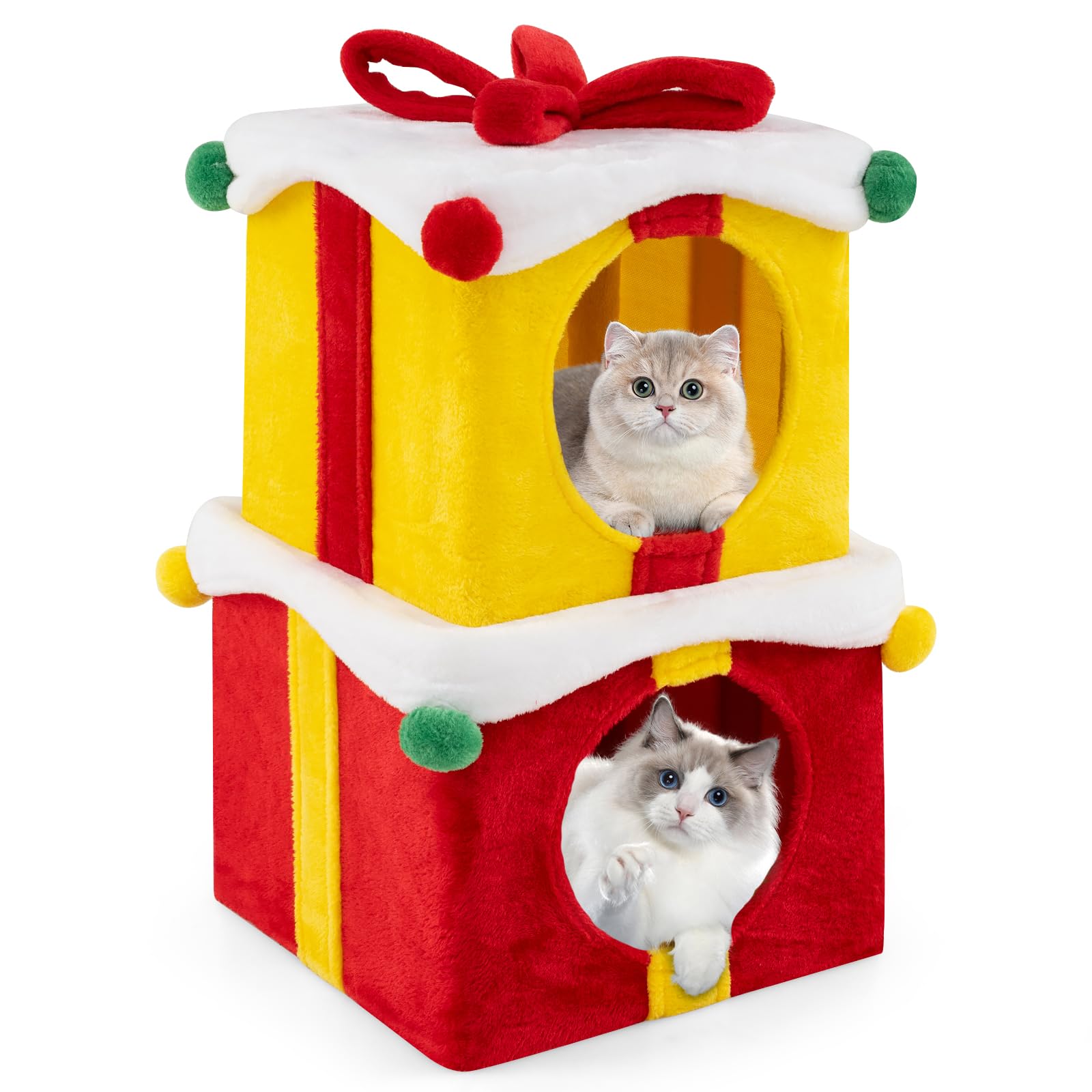 COSTWAY Set 2 Cuccia Cane Interno a 2 Piani, Tiragraffi per Gatto a Forma di Scatola di Natale in Tessuto e MDF, Lettino Gatto Interno per Inverno, Rosso e Giallo