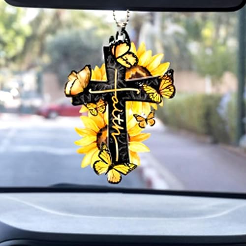 Miniatura 3 de Colgante de acrílico con diseño de mariposa cristiana de Dios Jesús con girasol, accesorios para colgar en el espejo del coche, mochila colgante de