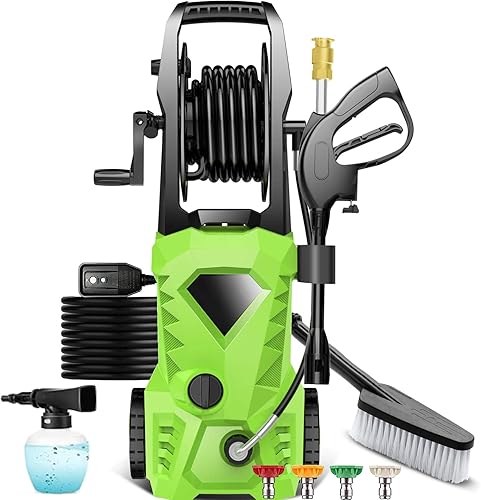 Lavadora eléctrica a presión de 3000 PSI, lavadora eléctrica de alta presión con carrete de manguera, cañón de espuma y 4 boquillas, mejor para el