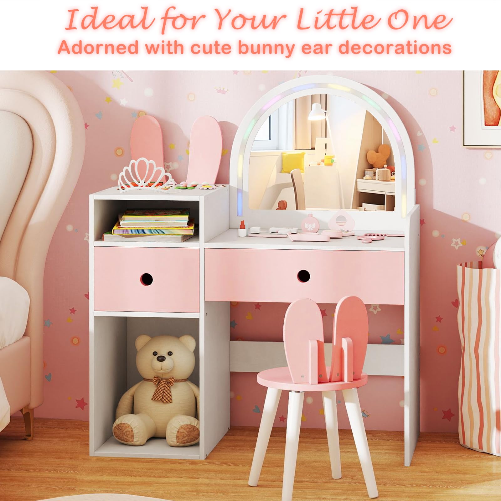 LIFEZEAL Specchiera Trucco per Bambina 3+Anni, con Luci, Sgabello, Sedia, Toeletta Tavolo, Forma di Coniglio, Postazione Make up, Vanity, Cassetti, Scomparti Aperti, Accessori, Cameretta (bianco)