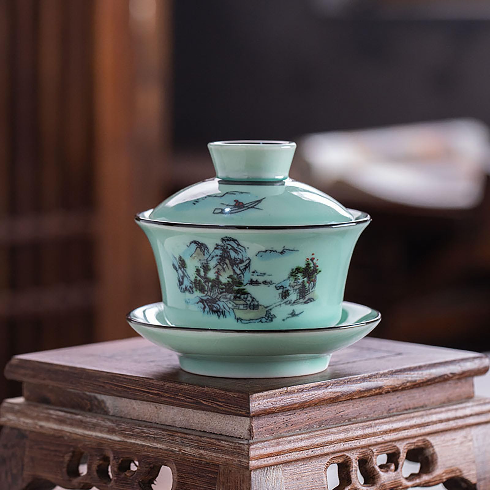 Chiński ceramiczny zestaw do herbaty z czajnikiem do herbaty i dzbankiem, miętowa zieleń z wzorem krajobrazu, tradycyjny zestaw do herbaty