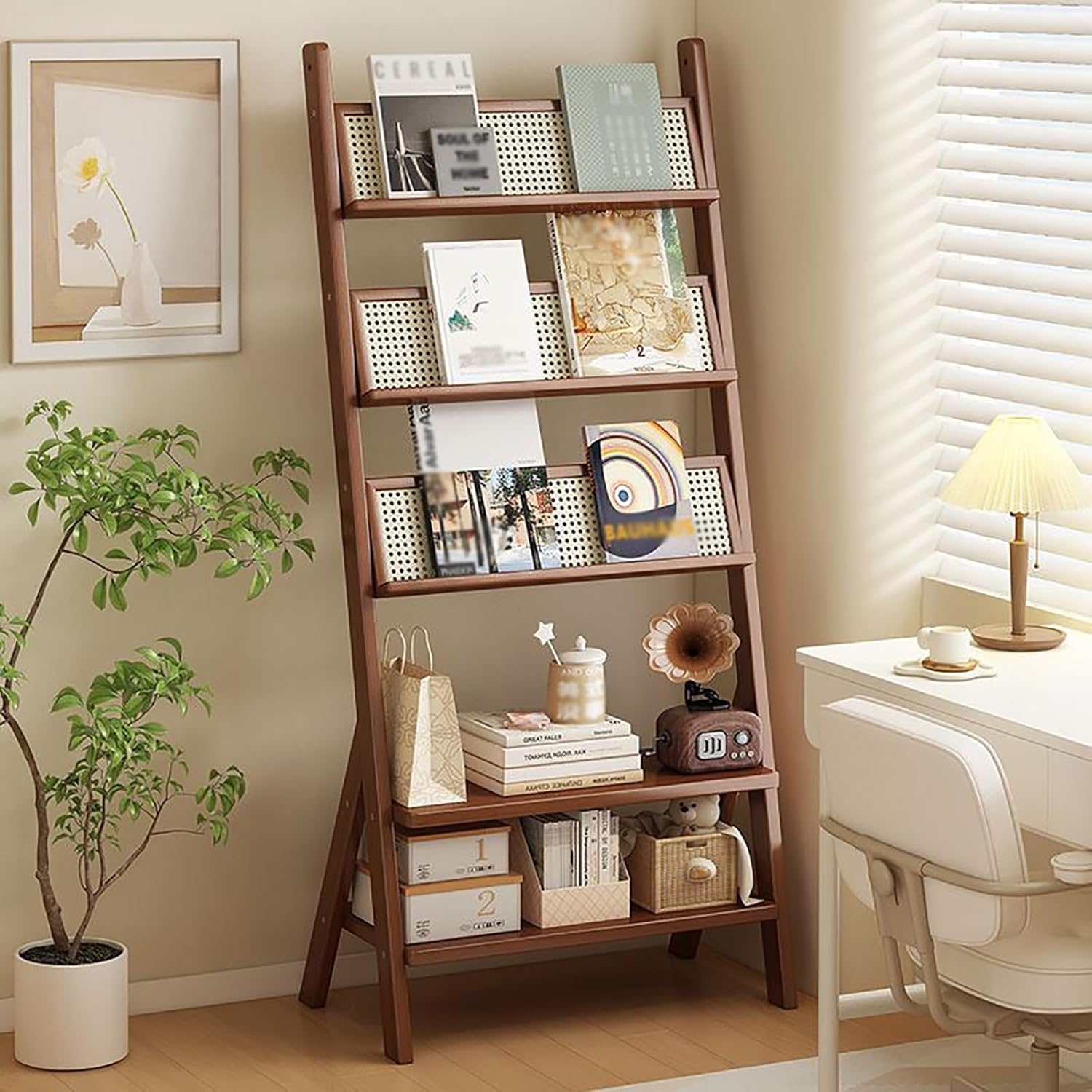 Literature Magazine Rack Floor Standing Display Stand Width 44/64cm 5-layer design Large storage capacity Strong stability Suitable for many occasions(Wood color,64cm)