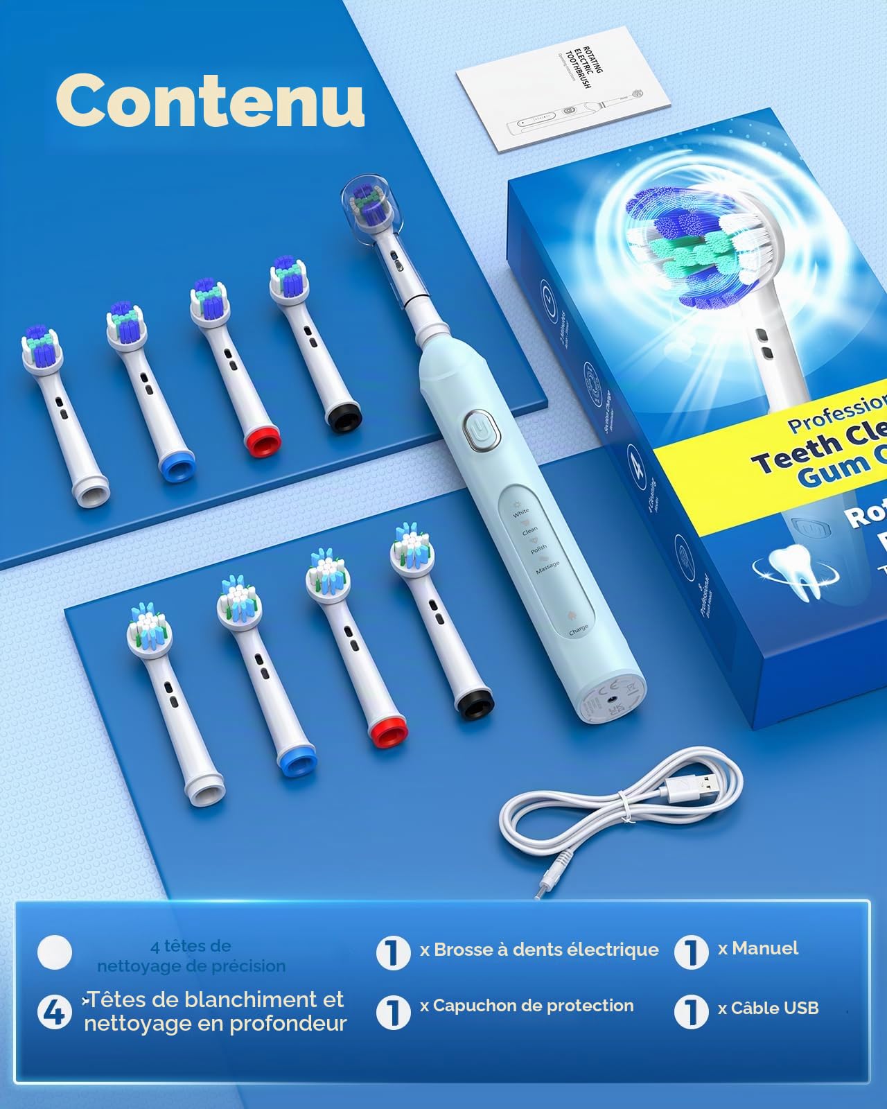 Brosse à dents électrique rotative pour adultes avec 8 têtes de brosse (2 types), puissance rechargeable et 2 minutes de temps intelligent, 4 modes de nettoyage (bleu ciel)