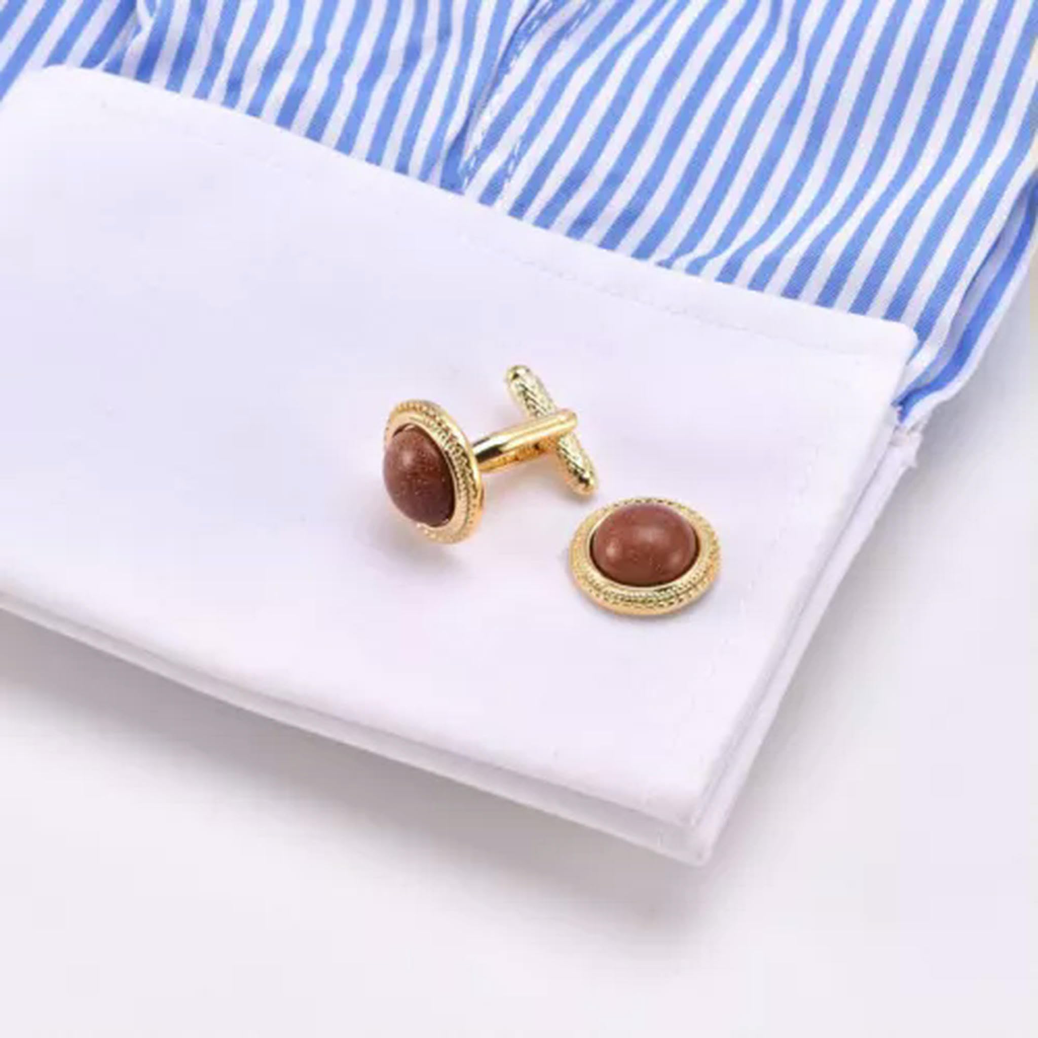 YCTTKDD 1 Paar Herren- und Damen-Manschettenknöpfe mit grünem Chalcedon-änder und Hemd-Set aus K-Goldbogen, rotem Sandstein und Kupfermaterial