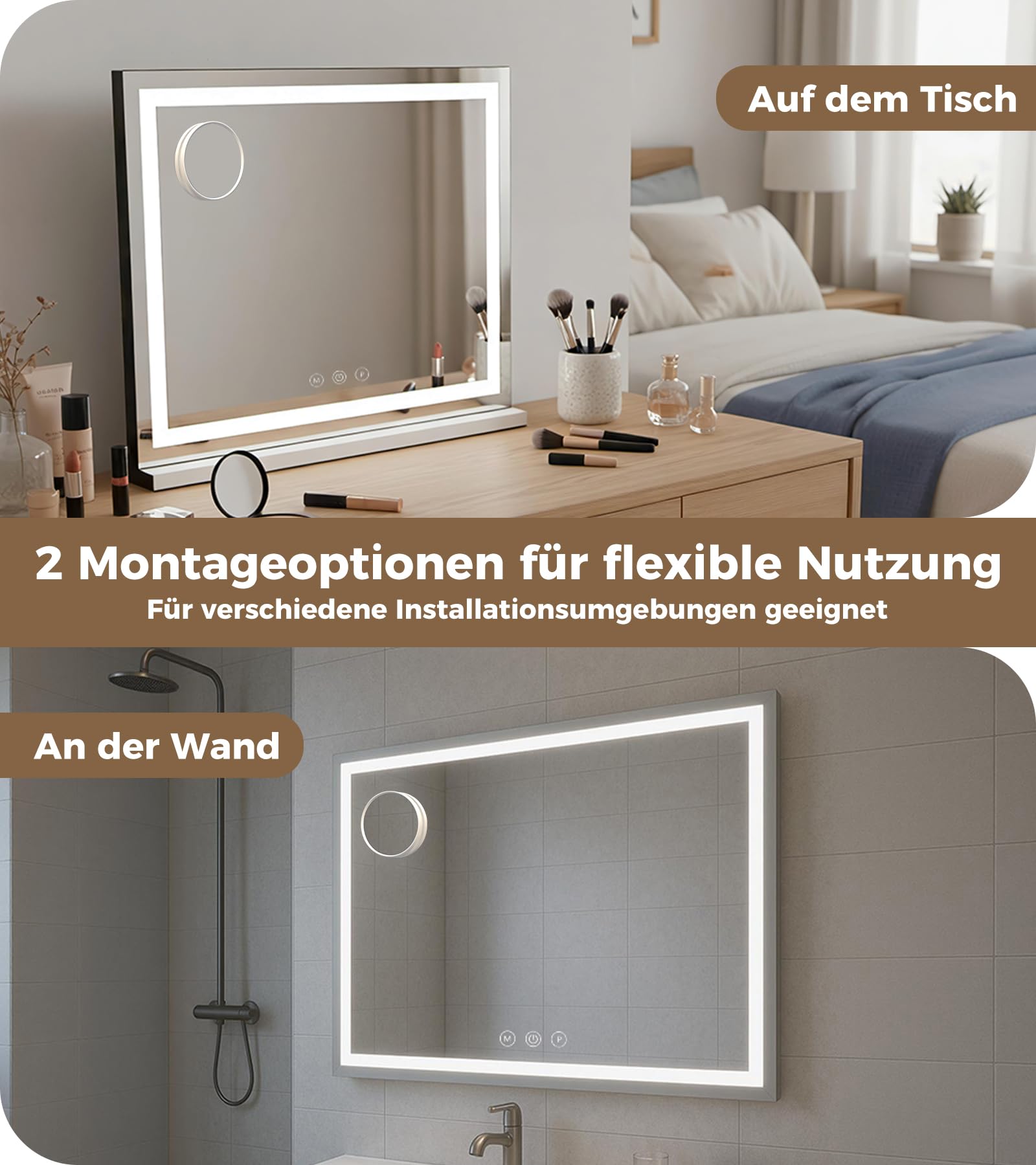Schminkspiegel mit Beleuchtung 80x60cm, LED Kosmetikspiegel mit 3 Lichtmodi, Dimmbar, 10X Vergrößerung & USB-Anschluss, ideal für Schlafzimmer & Schminktisch (Lichtband 80×60 cm)
