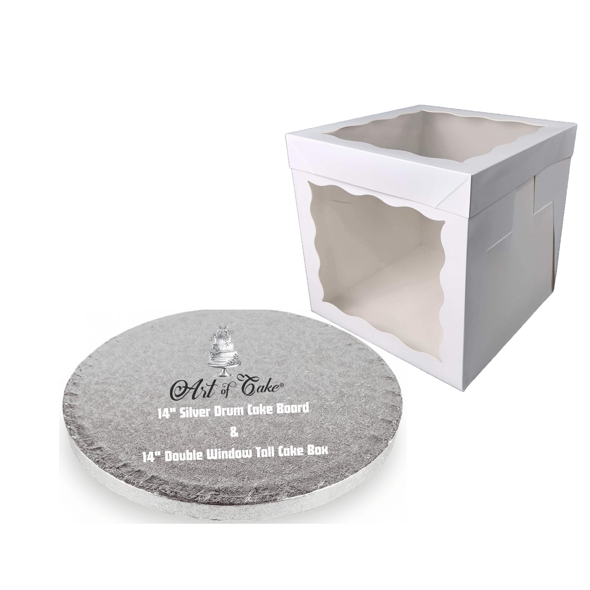 Art of cake ® Drum Cake Board (13mm) & 2 Sided Window Tall Cake Box (Silver, 14")