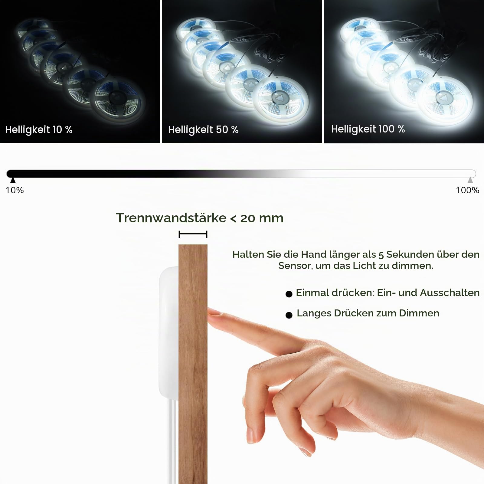 LRGBST 12V COB LED Streifen, 6 Rollen 2M weiße LED Streifen mit Berührung und Hand fegen Dimmer für Kleiderschrank, Küchen, Vitrinen, Regal, Regale, akustische Panel Beleuchtung