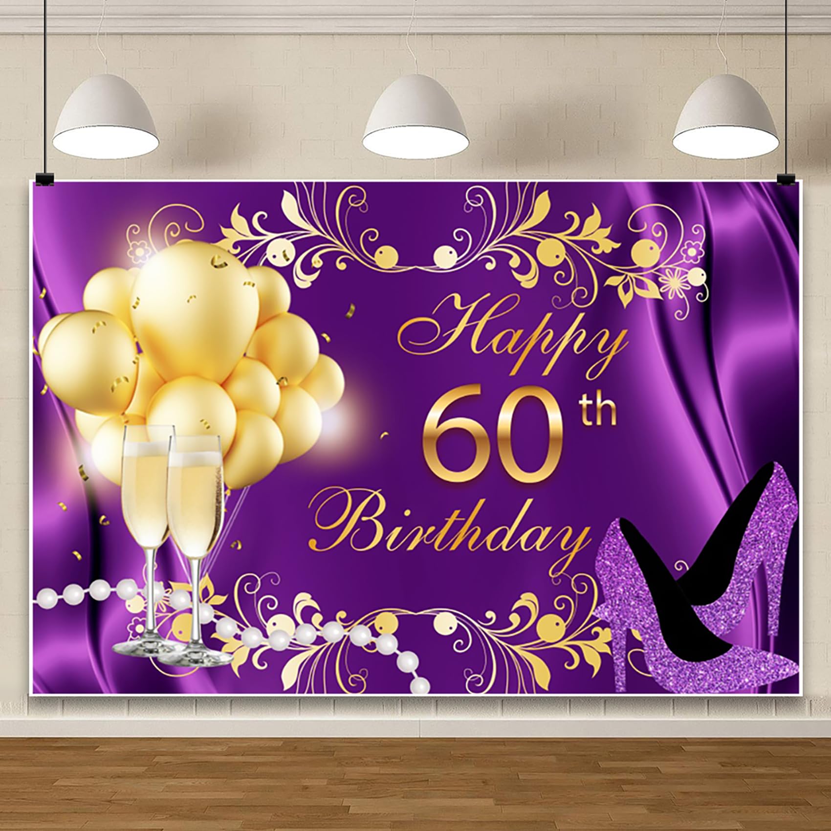 AOFOTO Happy Birthday Banner Sign Poster Large Fabric Glitter Balloon Champagne Sign Photo Backdrop Background for Birthday Decoration Supplies, 7x5ft