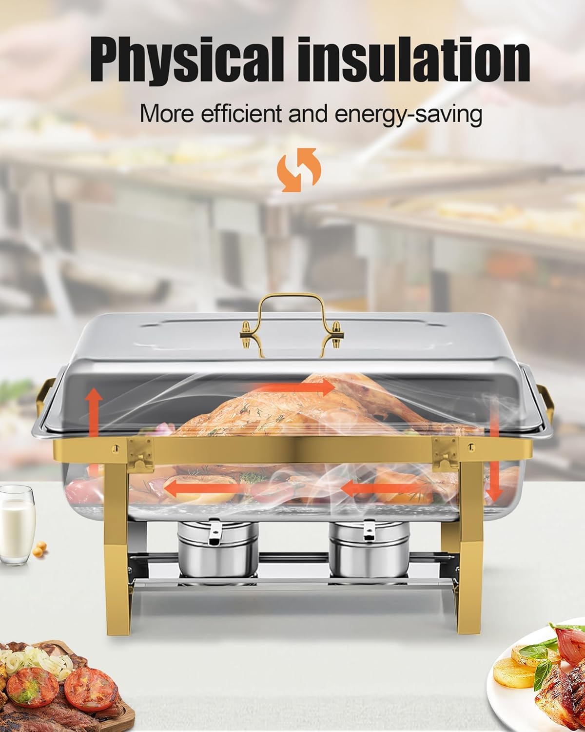 Chafing Dish Buffet Lot de 4 Chauffe-Plats en Acier Inoxydable 9L,Récipients de Maintien au Chaud Robuste (Design à Bord Roulé) Qualité Supérieure pour Traiteur, Buffet, Fête - Carré Doré