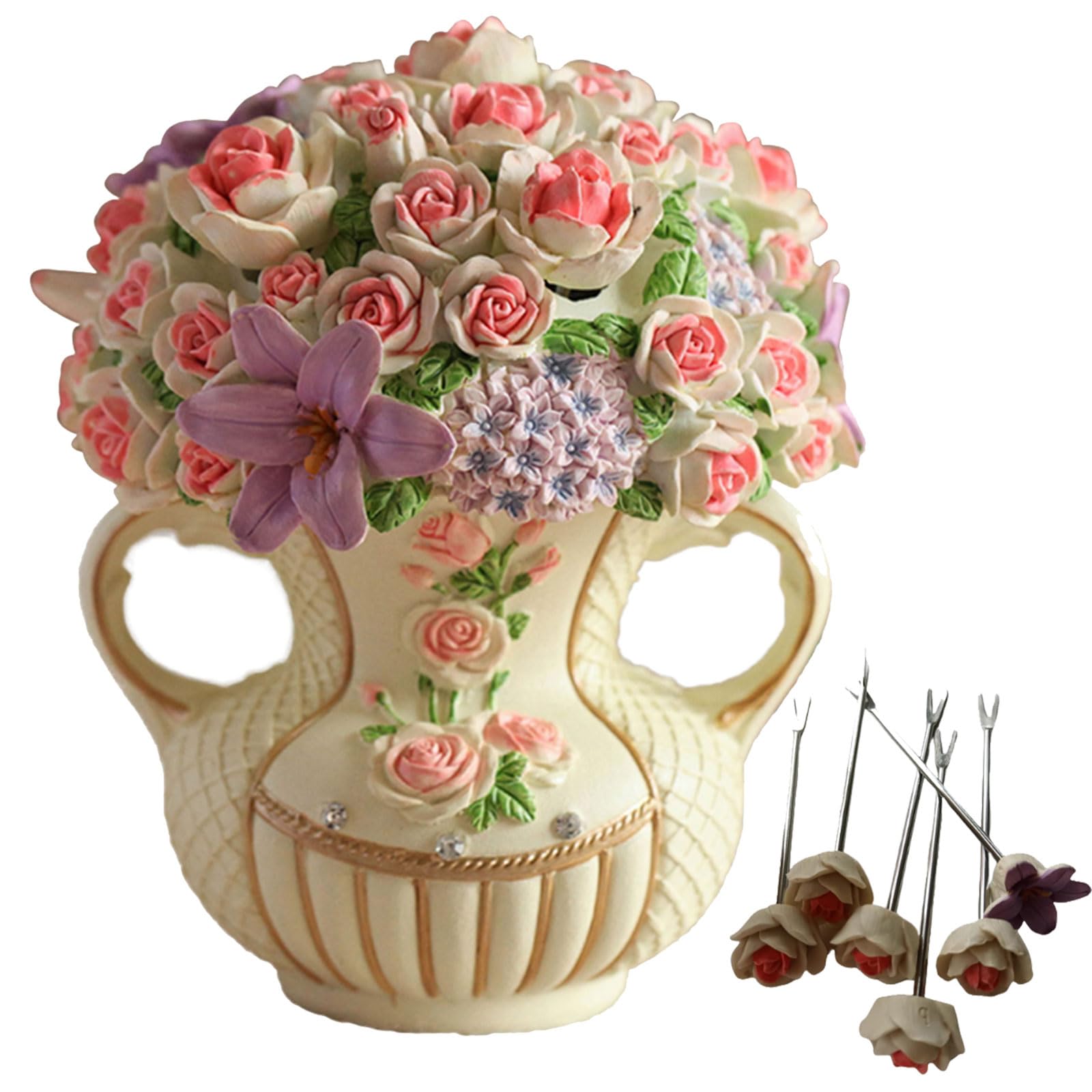 Fourchettes à Fruits/Dessert en Acier Inoxydable 304 Style Vintage Rose - Manche Fleur en Résine, Ustensiles Élégants pour Théâtre, Apéritif & Décoration de Table