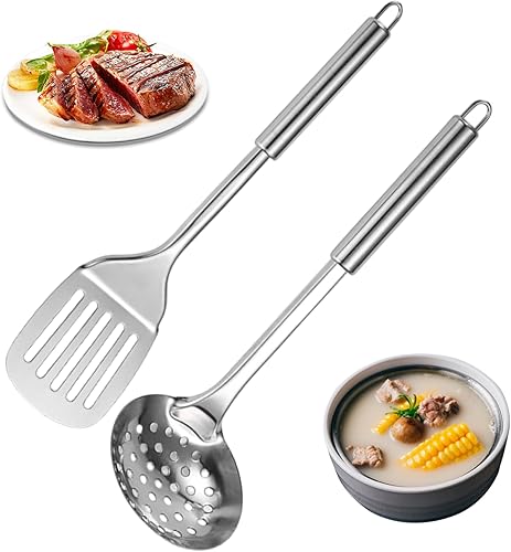 Miniatura 7 de Stainless Steel Cooking Utensils Set, 2Pcs Hangable Spatula and Skimmer with Leakage Holes