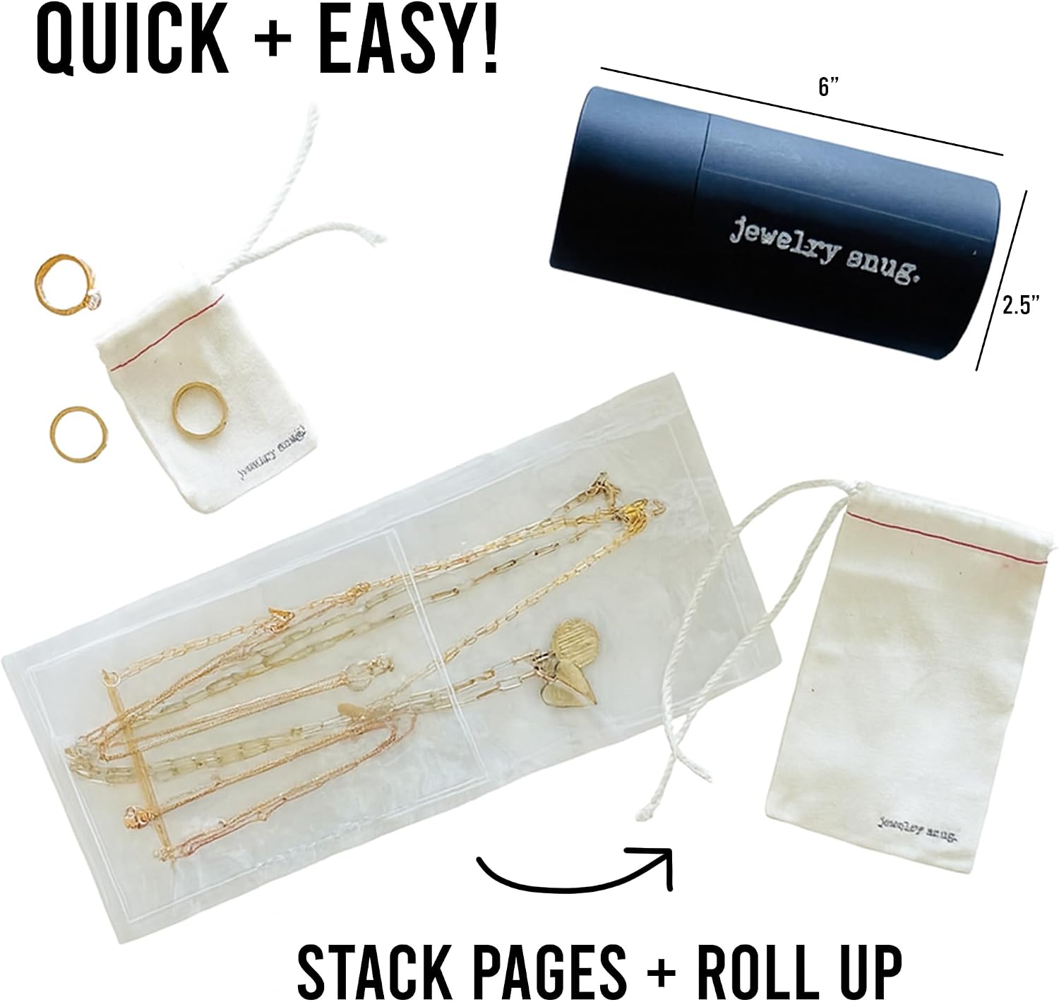 The Jewelry Snug Roll – Travel Jewelry Roll, Travel Jewelry Case, Travel Jewelry Organizer | Compact Roll-Up Design for Travel & Home with 2 Short & 2 XL Pages, Drawstring Pouch & Ring Pouch