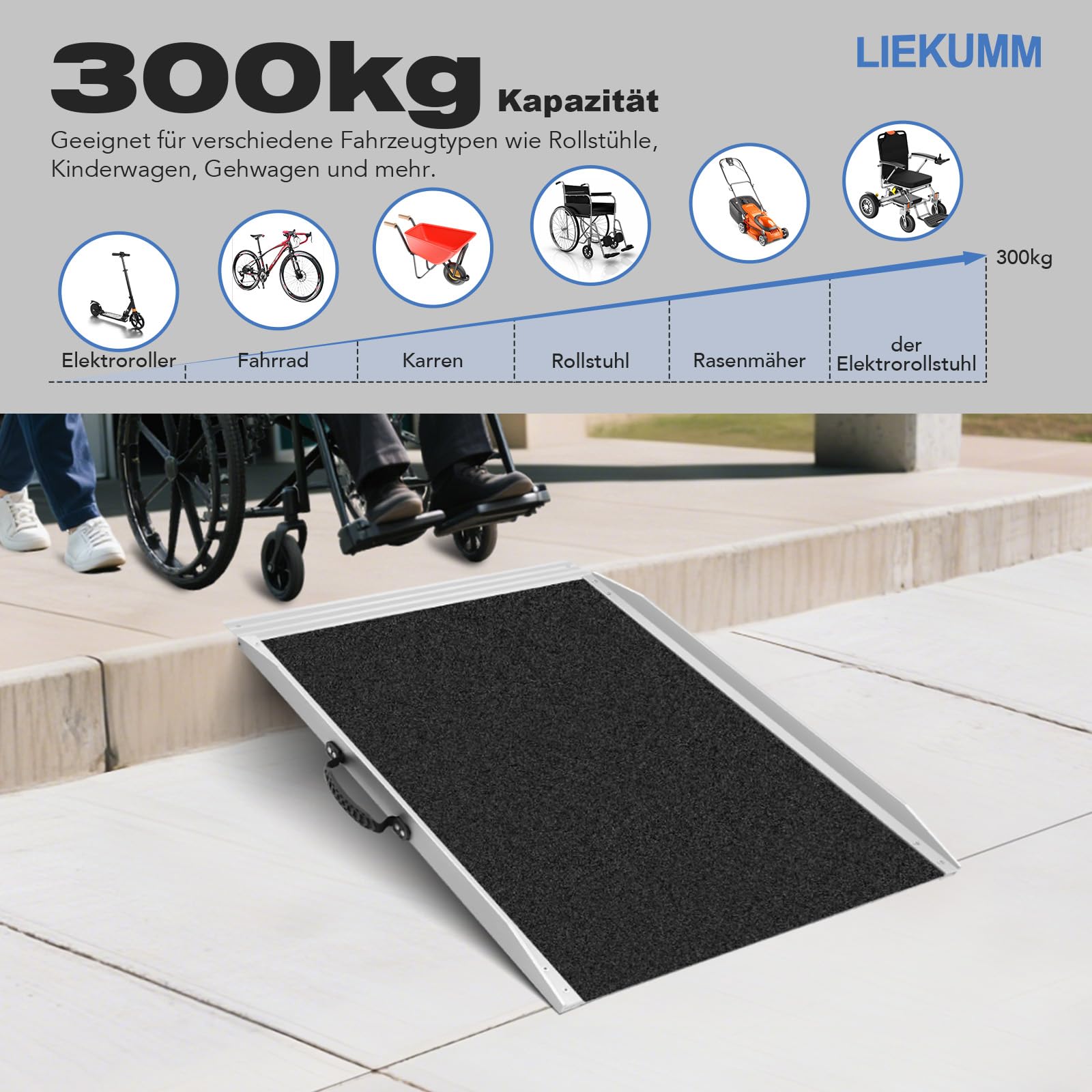 LIEKUMM 91 x 73 cm Rampa dla wózków inwalidzkich, 300 kg nośności, aluminiowa rampa dla wózka inwalidzkiego, rampa progowa do domu, stopnie, przenośna rampa do wózka inwalidzkiego, skuteru, wózka