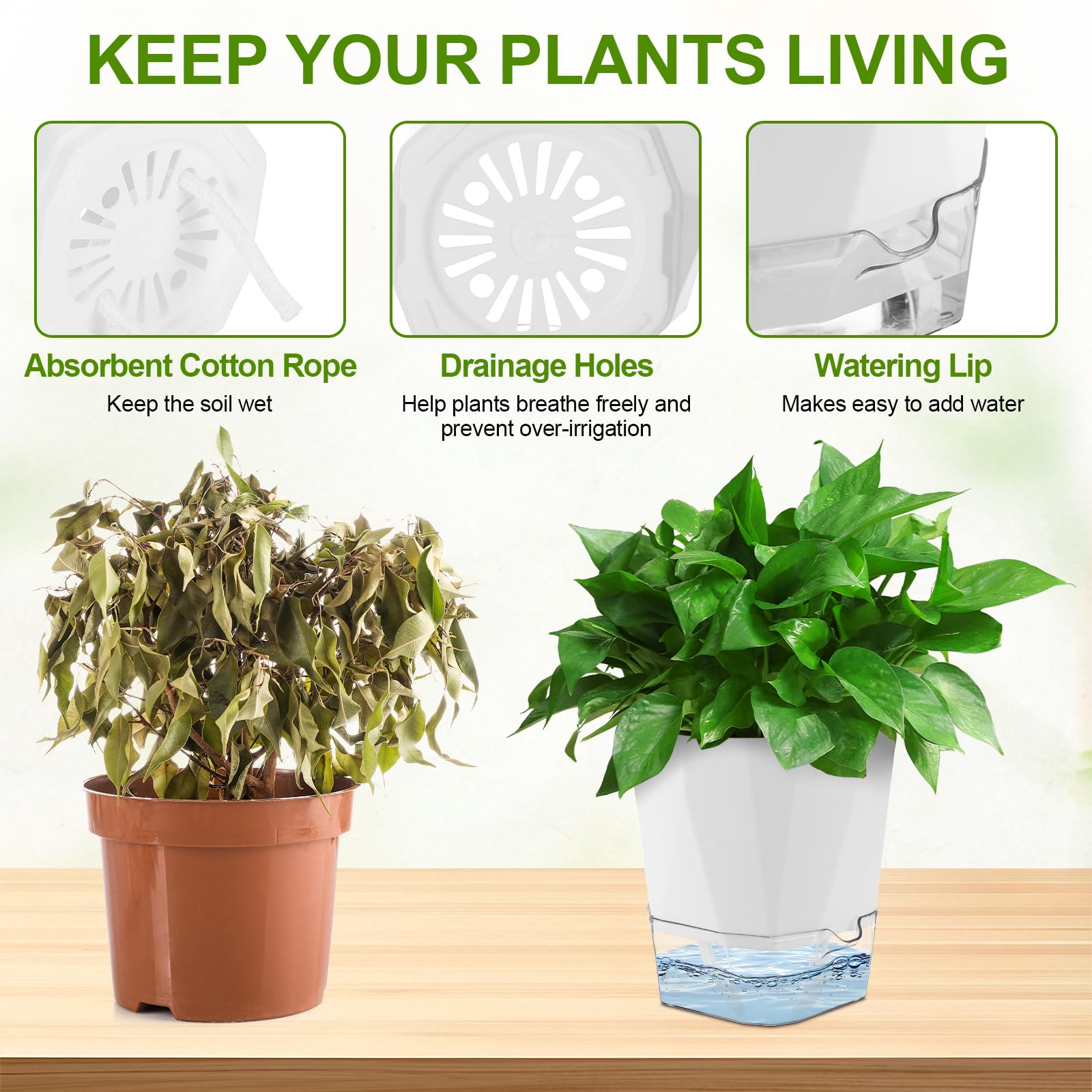 Yimomoyi 6 Pack Self Watering Plant Pots Indoor, House Plant Pot, White Plant Pots Indoor - Image 3