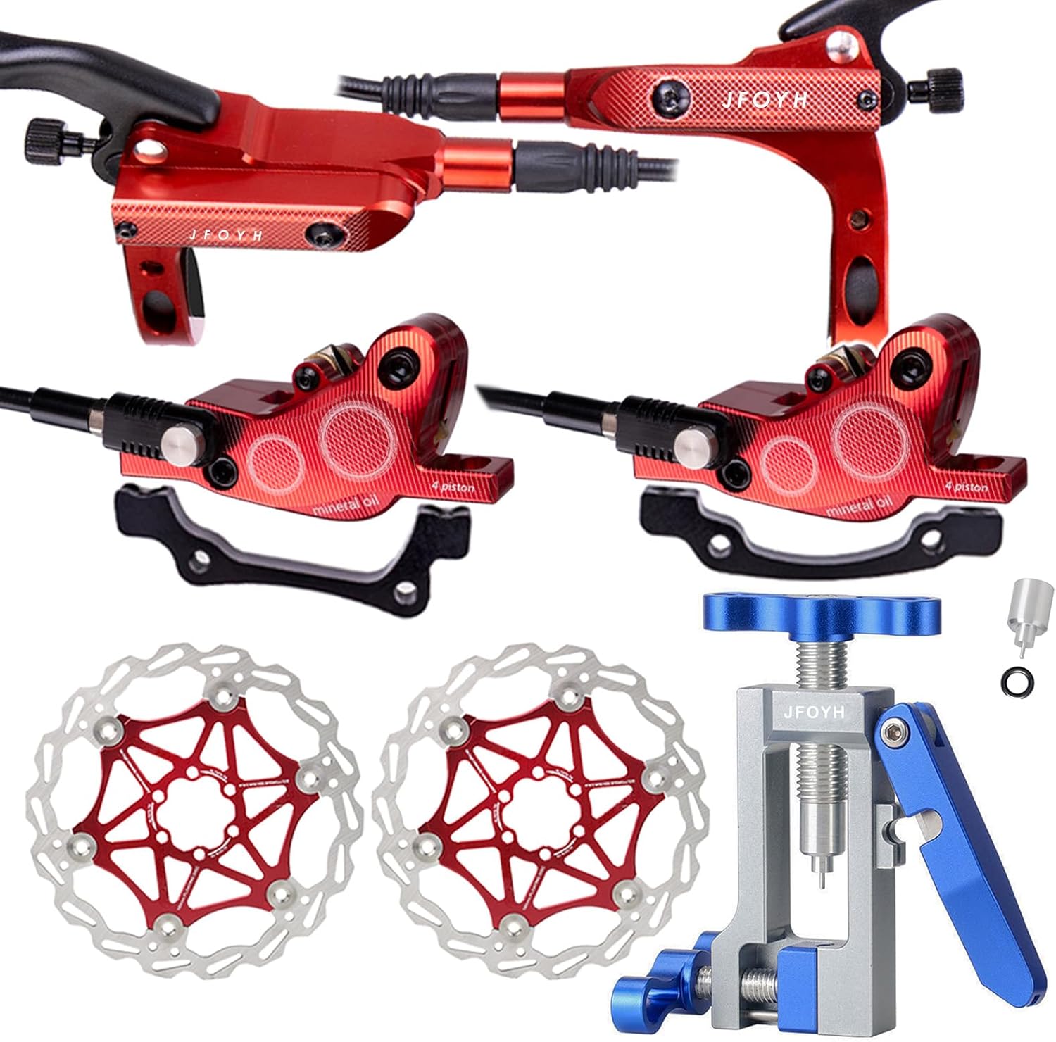 4-Piston MTB Hydraulic Brake Set with Floating Disc Rotors, Hose Cut, Olive and Barb Tools